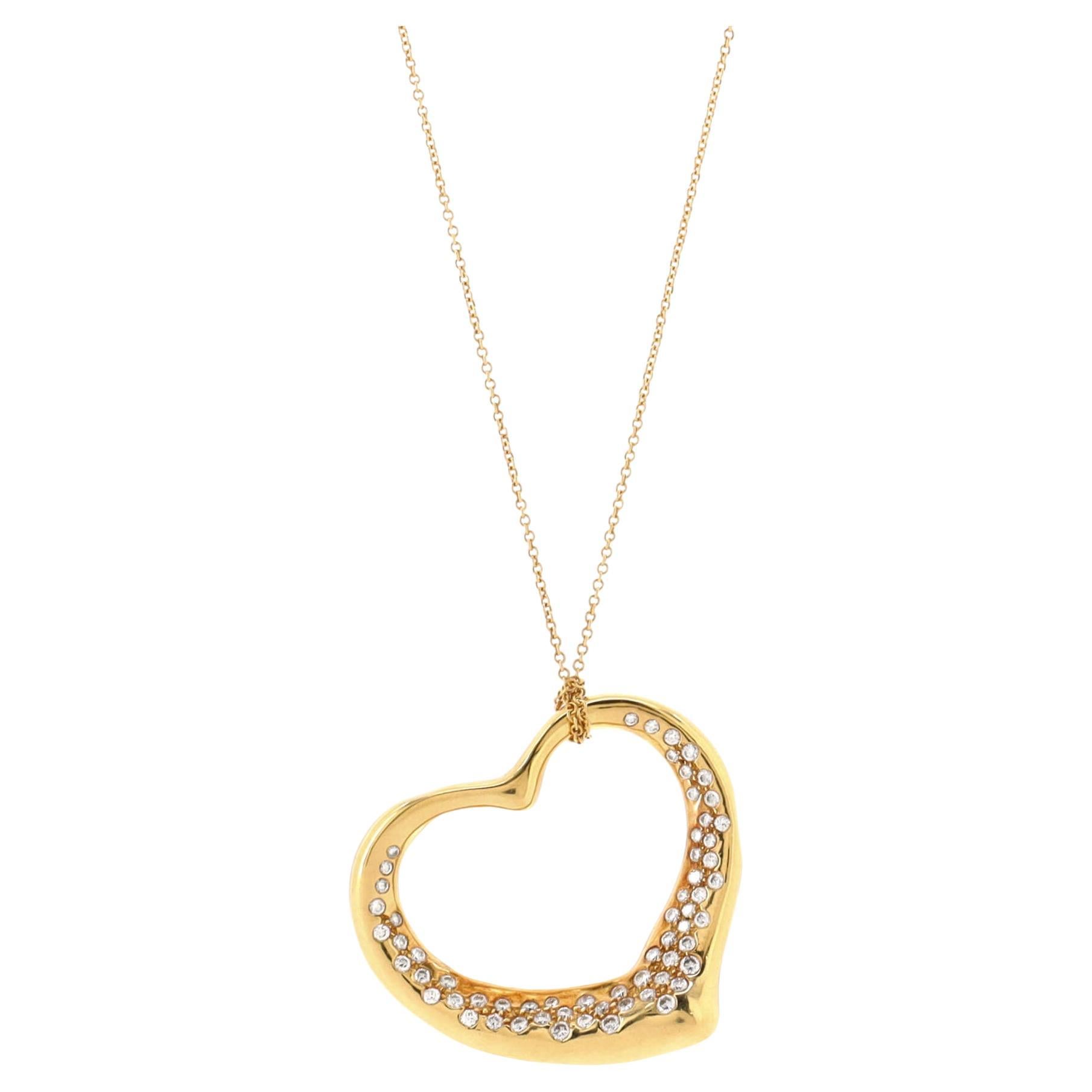 Tiffany & Co. Elsa Peretti Open Heart Pendant Necklace 18K Yellow Gold with Pave