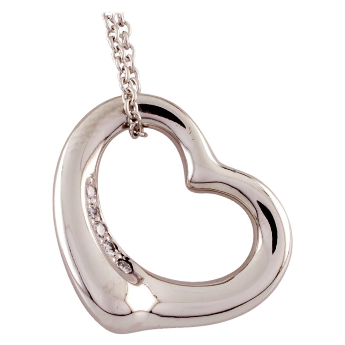 Tiffany & Co. Elsa Peretti Open Heart Platinum Pendant with Diamond and Chain For Sale