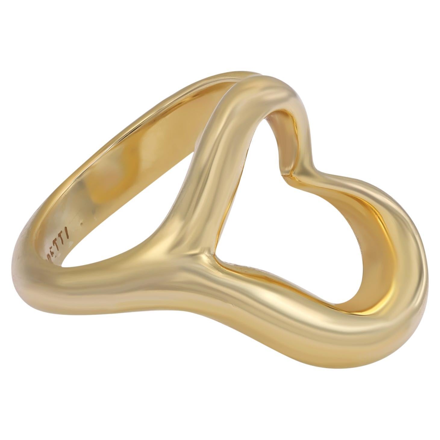 Tiffiany & Co. Elsa Peretti Open Heart ring celebrates the spirit of love. This simple and fluid ring is a timeless and elegant design. Crafted in 18k yellow gold. Ring size: 5. Total ring weight: 9.70 grams. Excellent pre-owned condition. Original