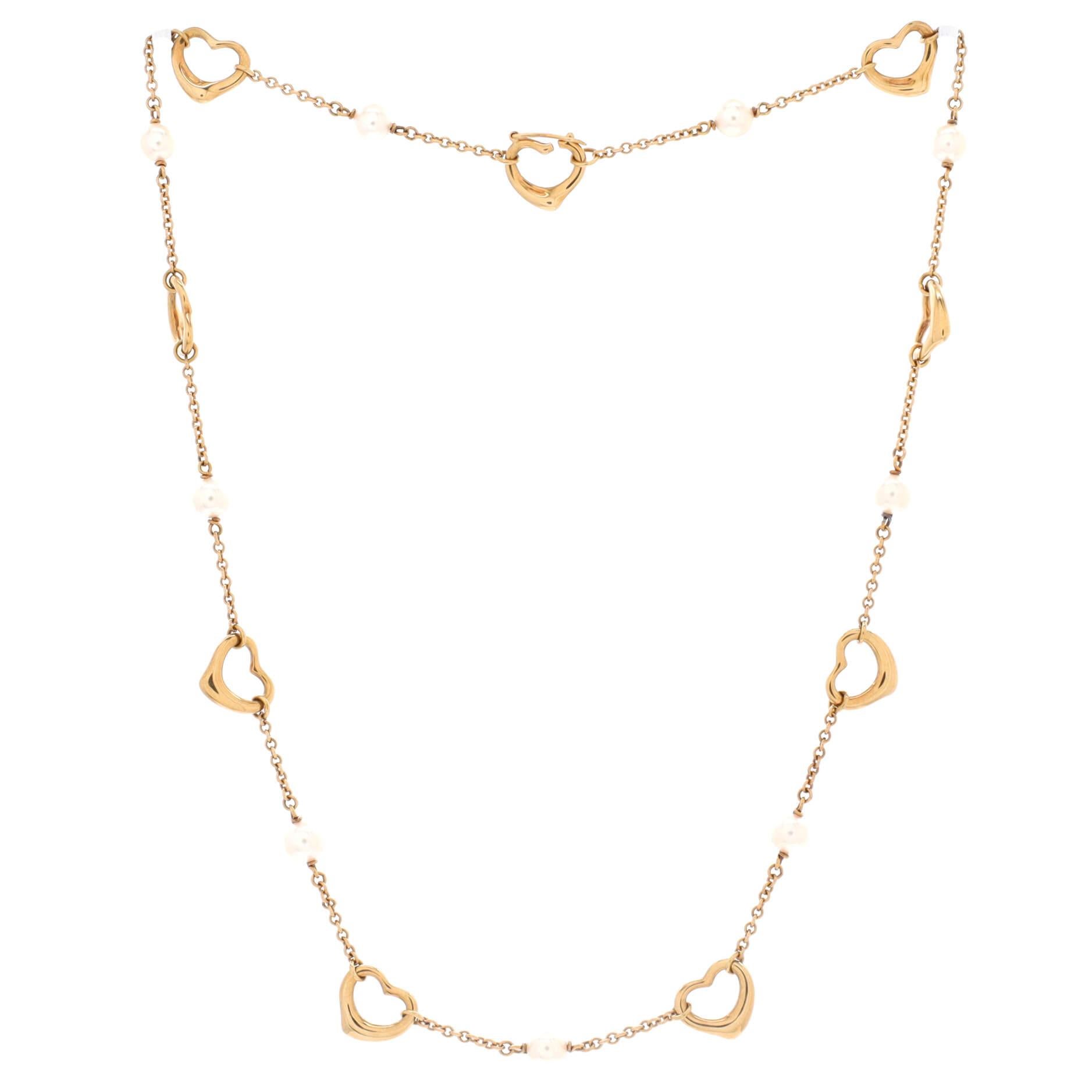 Tiffany & Co. Elsa Peretti Open Heart Station Necklace 18K Yellow Gold and Pearl In Good Condition In New York, NY