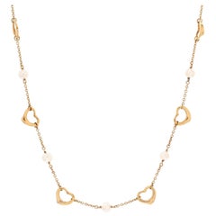 Tiffany & Co. Elsa Peretti Open Heart Station Necklace 18K Yellow Gold and Pearl