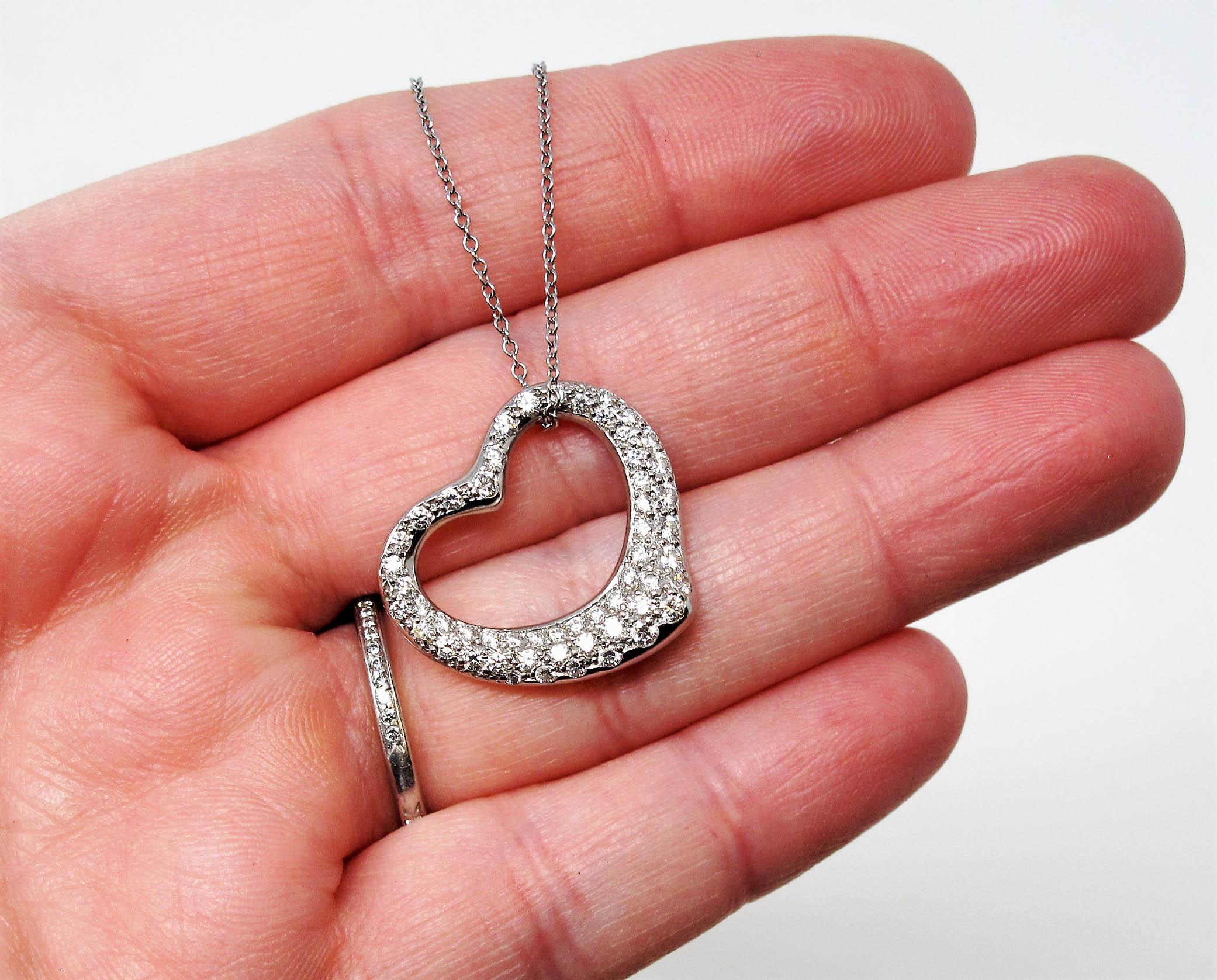 Round Cut Tiffany & Co. Elsa Peretti Pave Diamond Open Heart Necklace in Platinum For Sale