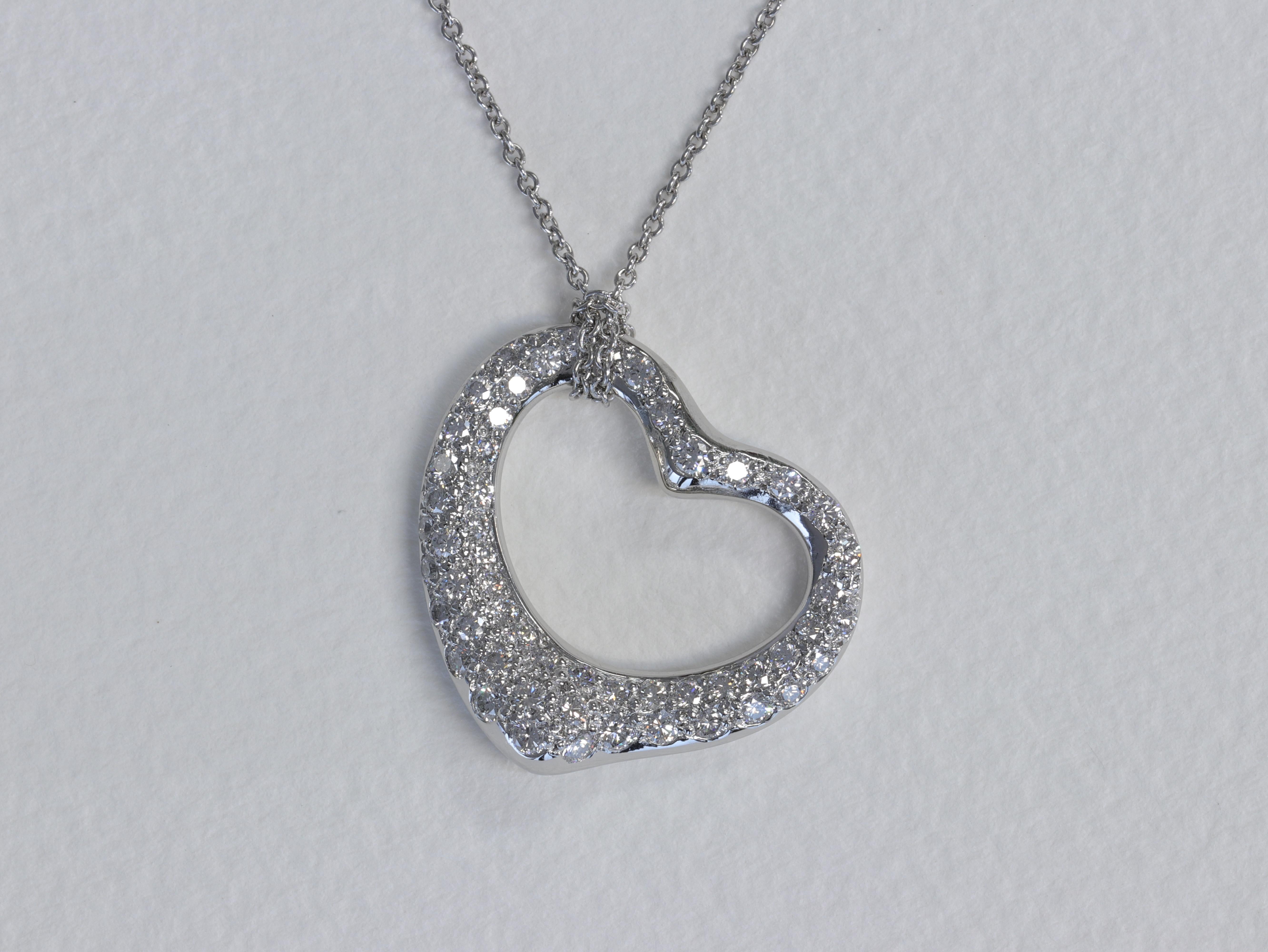 Modern Tiffany & Co. Elsa Peretti Pave Diamond & Platinum Open Heart Pendant Necklace  For Sale