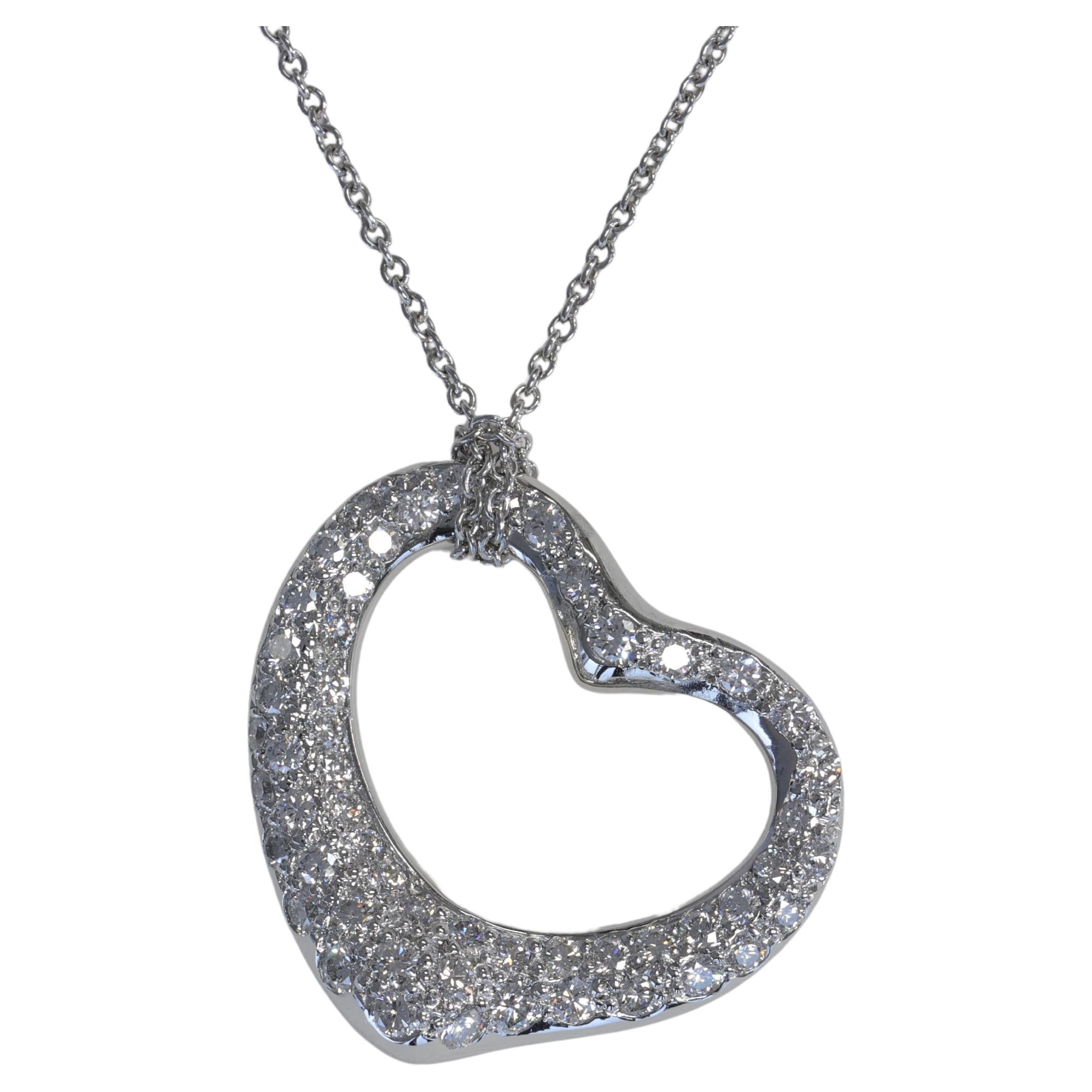 Tiffany & Co. Elsa Peretti Pave Diamond & Platinum Open Heart Pendant Necklace 