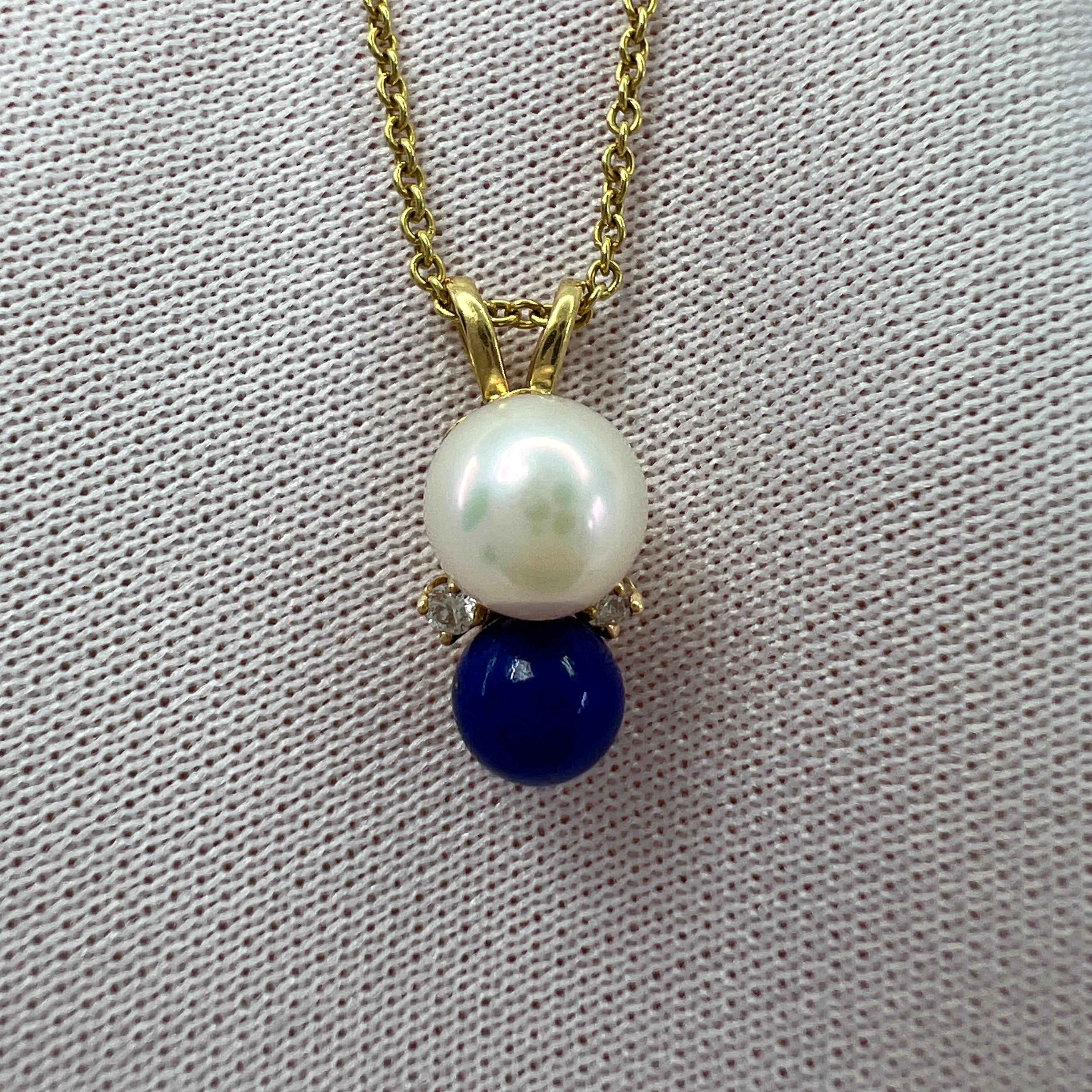 Tiffany & Co. Elsa Peretti Pearl, Lapis Lazuli & Diamond 18k Yellow Gold Pendant For Sale 7
