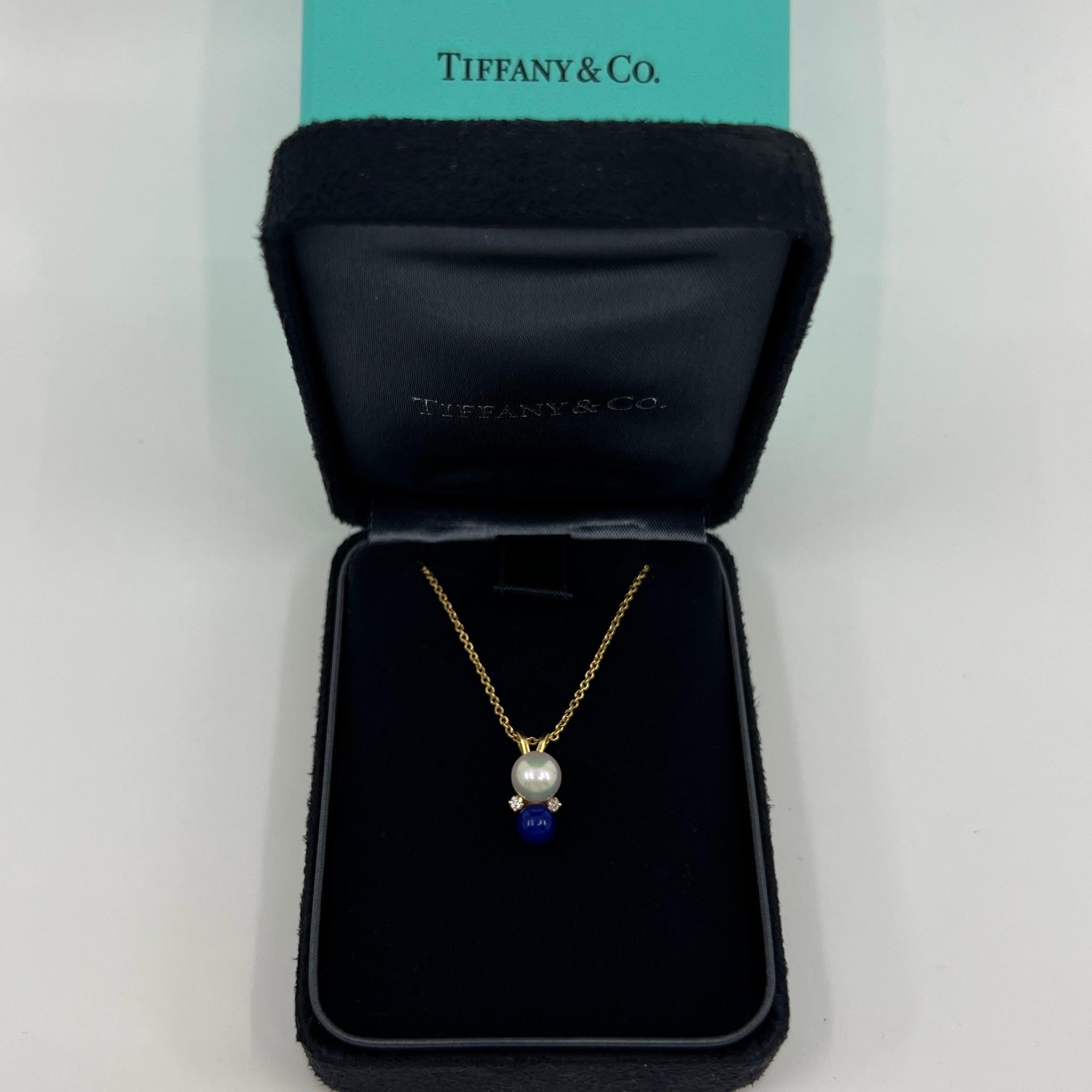 Round Cut Tiffany & Co. Elsa Peretti Pearl, Lapis Lazuli & Diamond 18k Yellow Gold Pendant For Sale