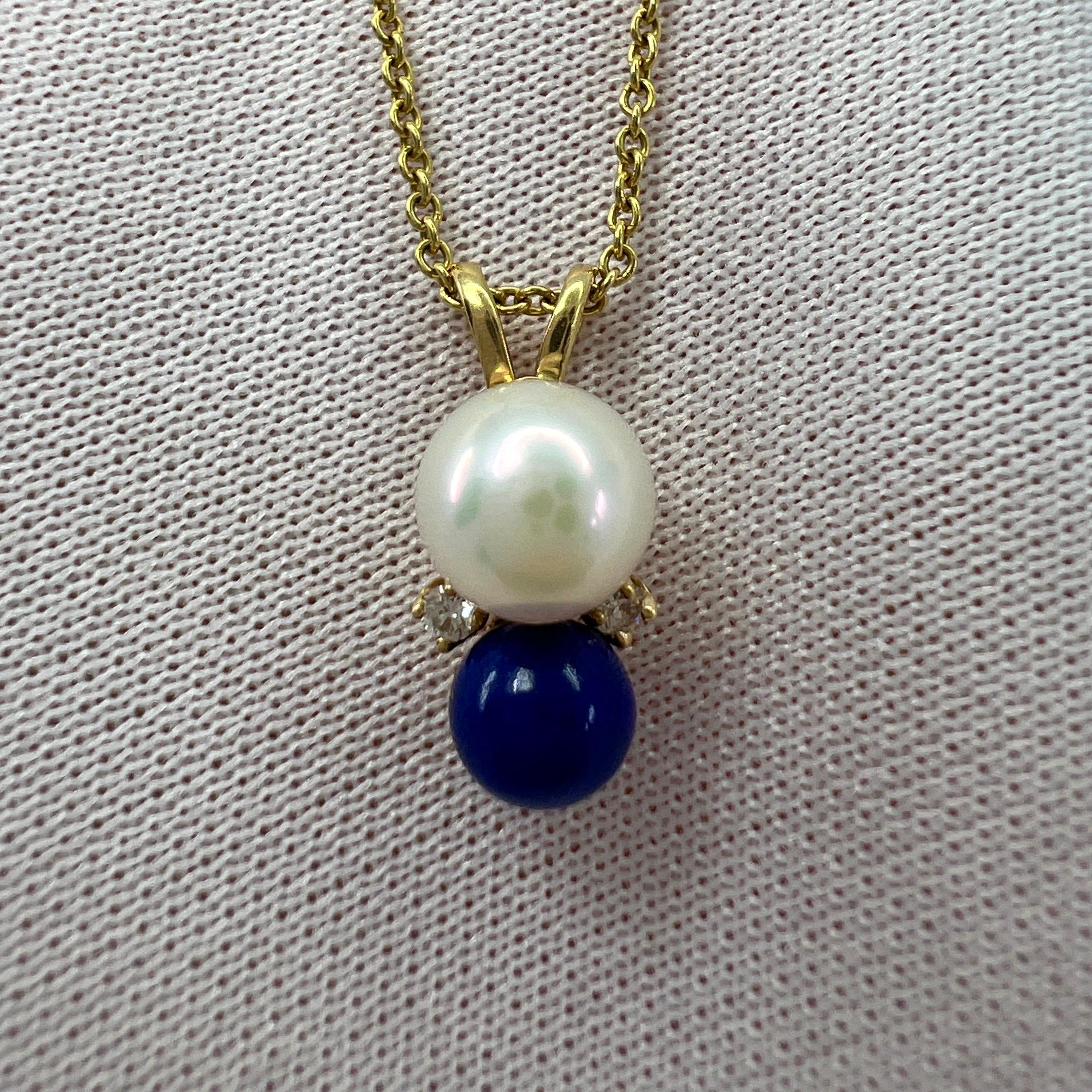 Tiffany & Co. Elsa Peretti Pearl, Lapis Lazuli & Diamond 18k Yellow Gold Pendant For Sale 2
