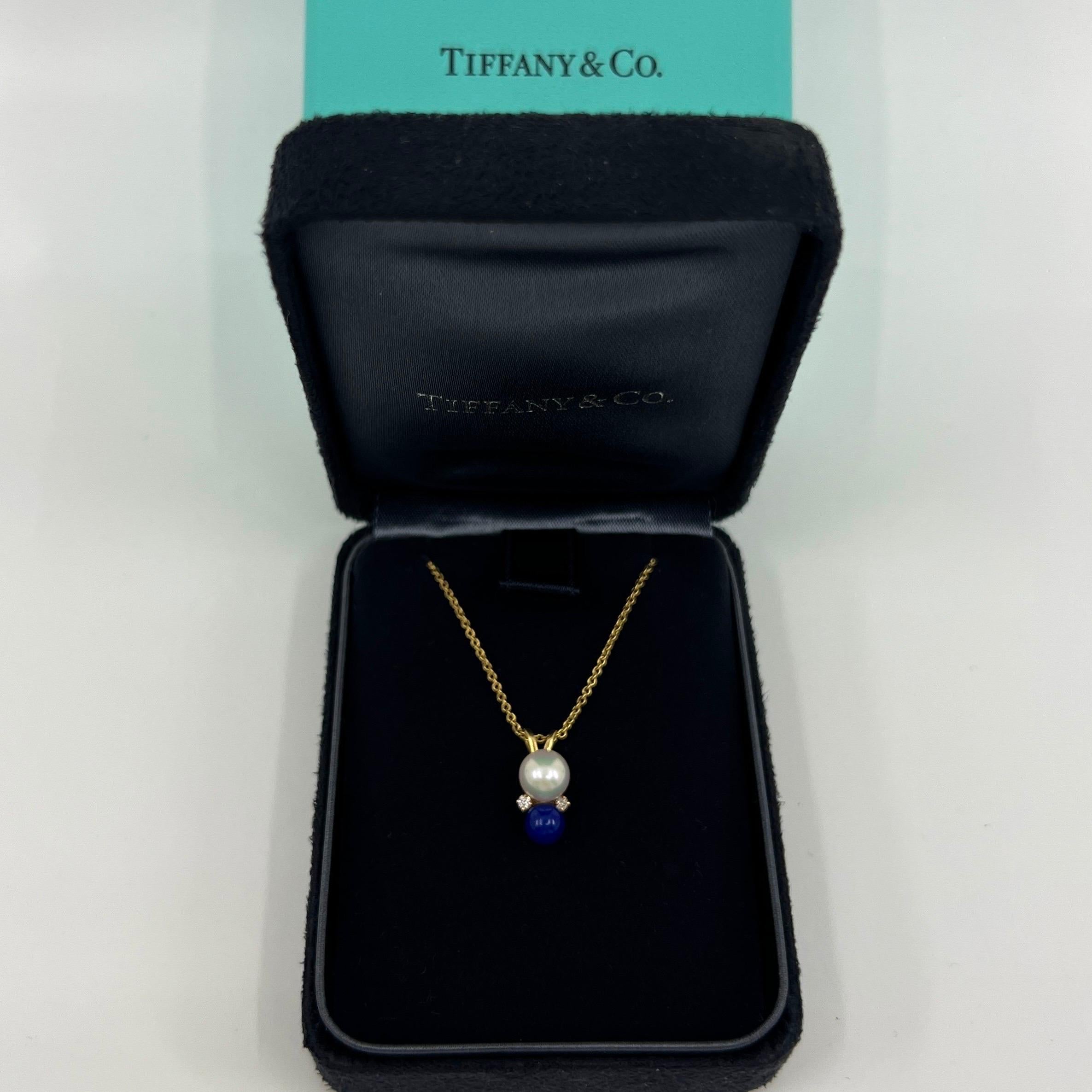 Tiffany & Co. Elsa Peretti Pearl, Lapis Lazuli & Diamond 18k Yellow Gold Pendant For Sale 3