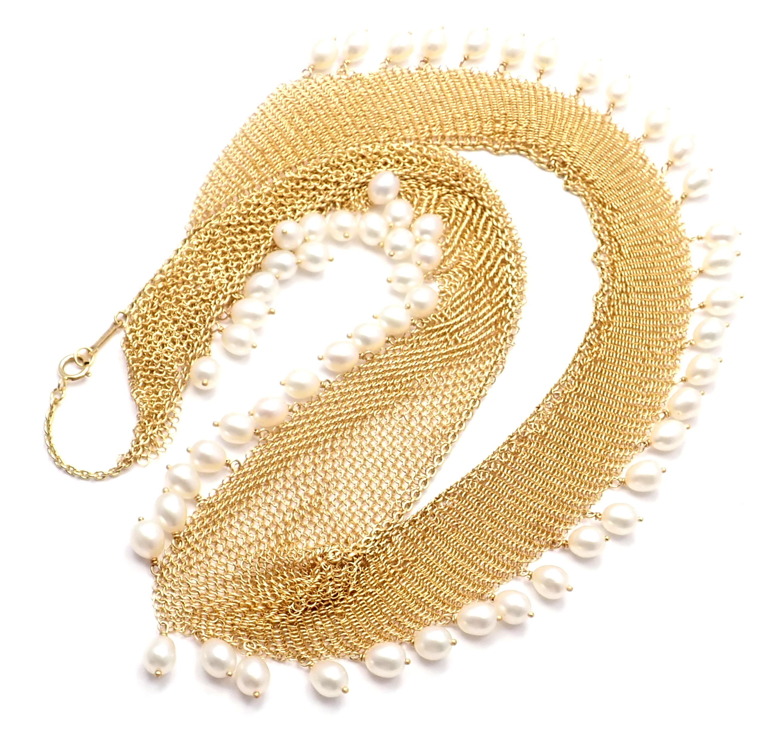 18k Yellow Gold Pearl Mesh Necklace by Elsa Peretti for Tiffany & Co. 
With 62 Pearls from 5mm to 4.5mm.
Details:
Length: 16