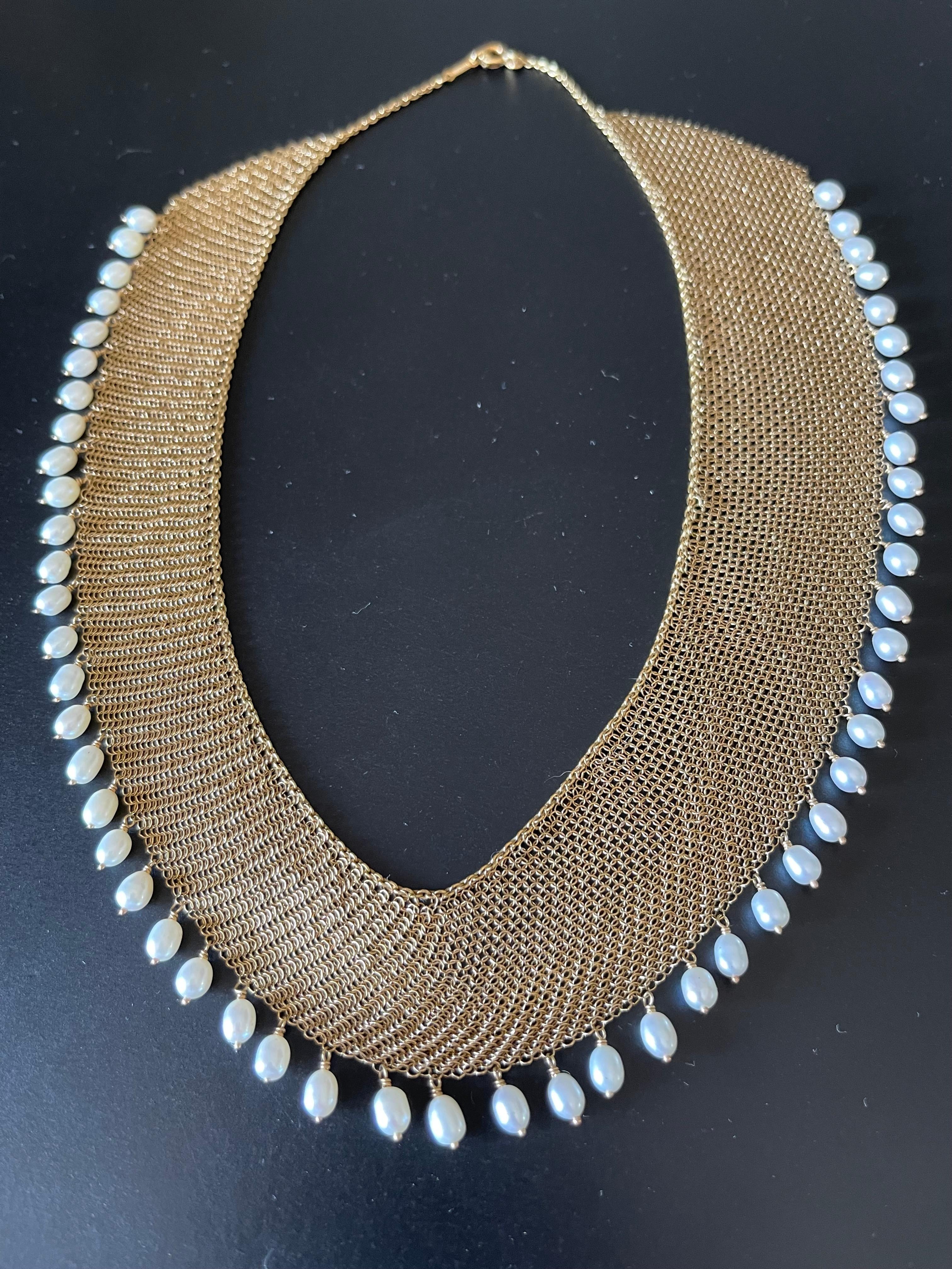 Tiffany & Co. Elsa Peretti Pearl Yellow Gold Mesh Necklace With Earrings For Sale 1