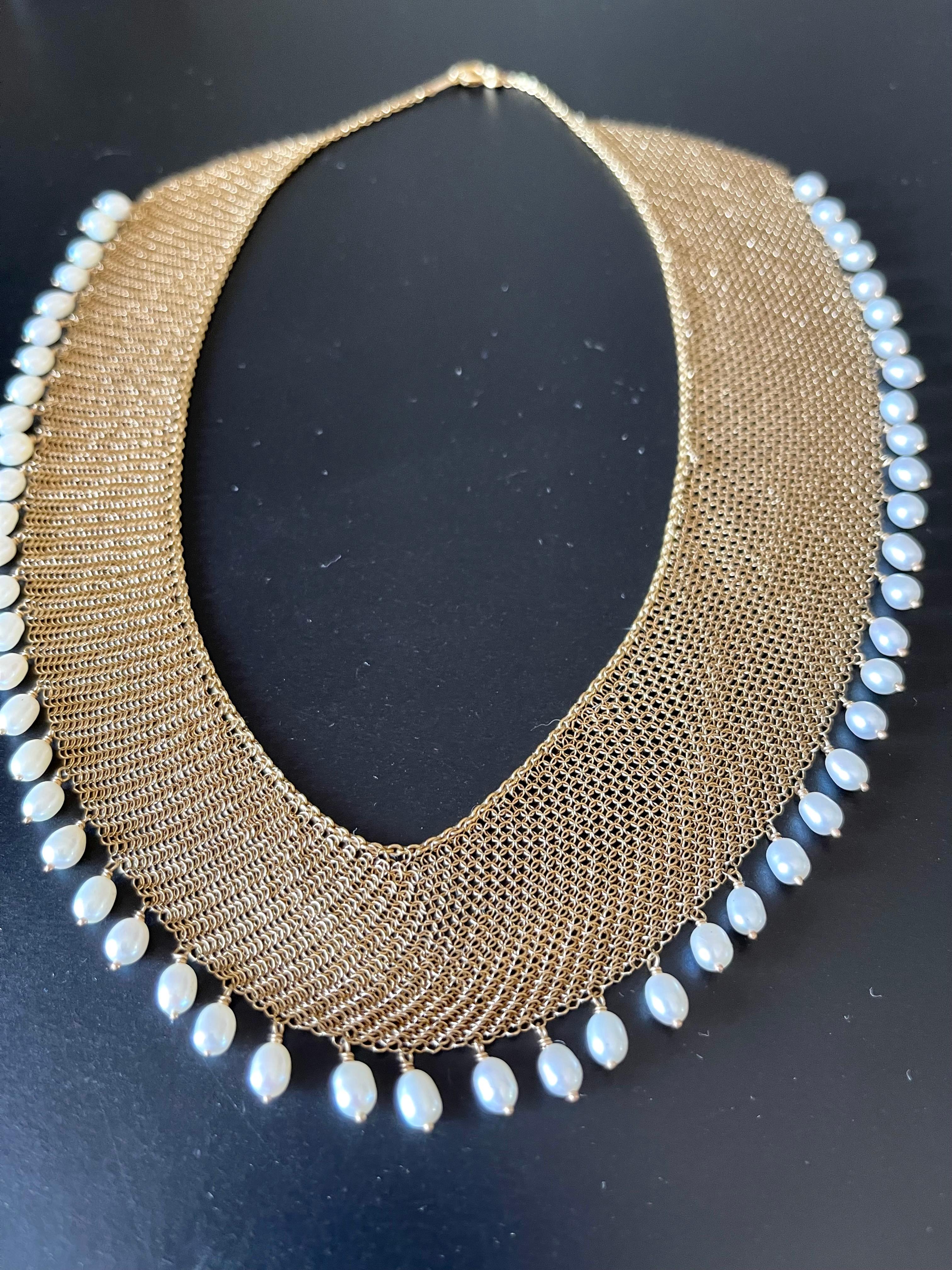 Tiffany & Co. Elsa Peretti Pearl Yellow Gold Mesh Necklace With Earrings For Sale 2