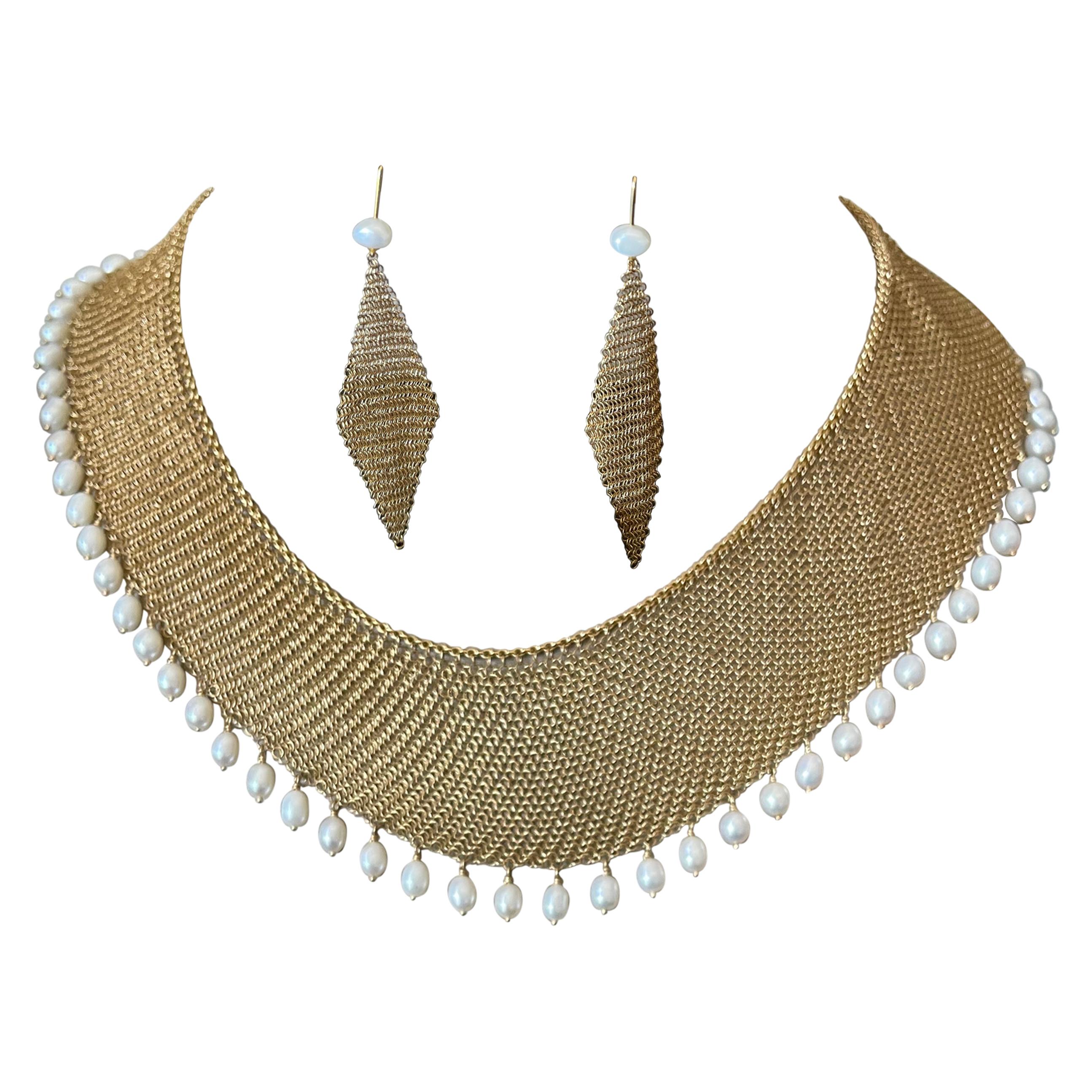 Tiffany & Co. Elsa Peretti Pearl Yellow Gold Mesh Necklace With Earrings