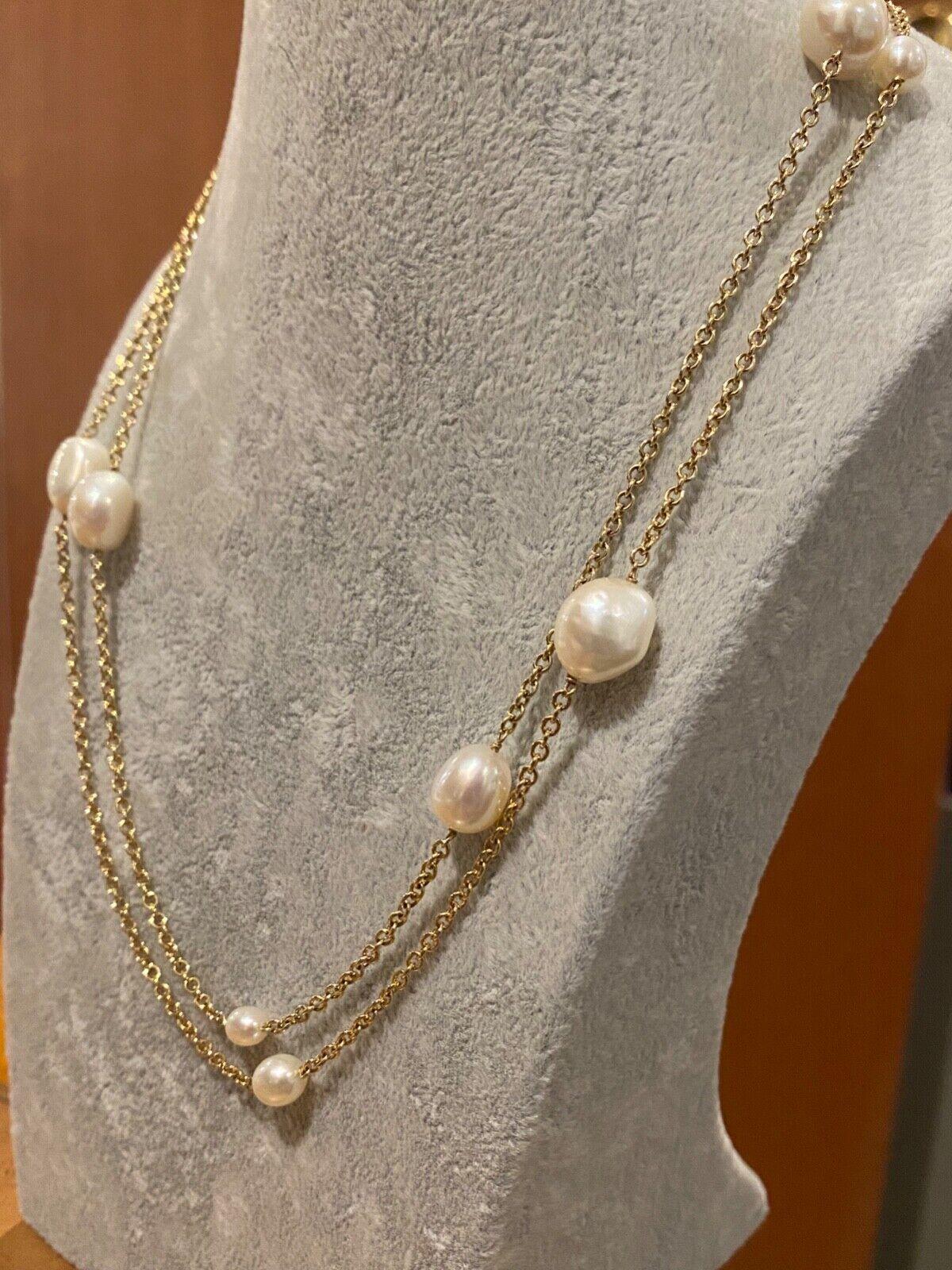 Designed by Elsa Peretti
as elegant chain of rope length - 91.5cm (36 inches)
crafted in 18K yellow gold
with luminous pearls scattered along

12 freshwater cultured pearls range in size 
from 11mm x 12mm to 5mm x 6mm 
Pearl are of excellent luster