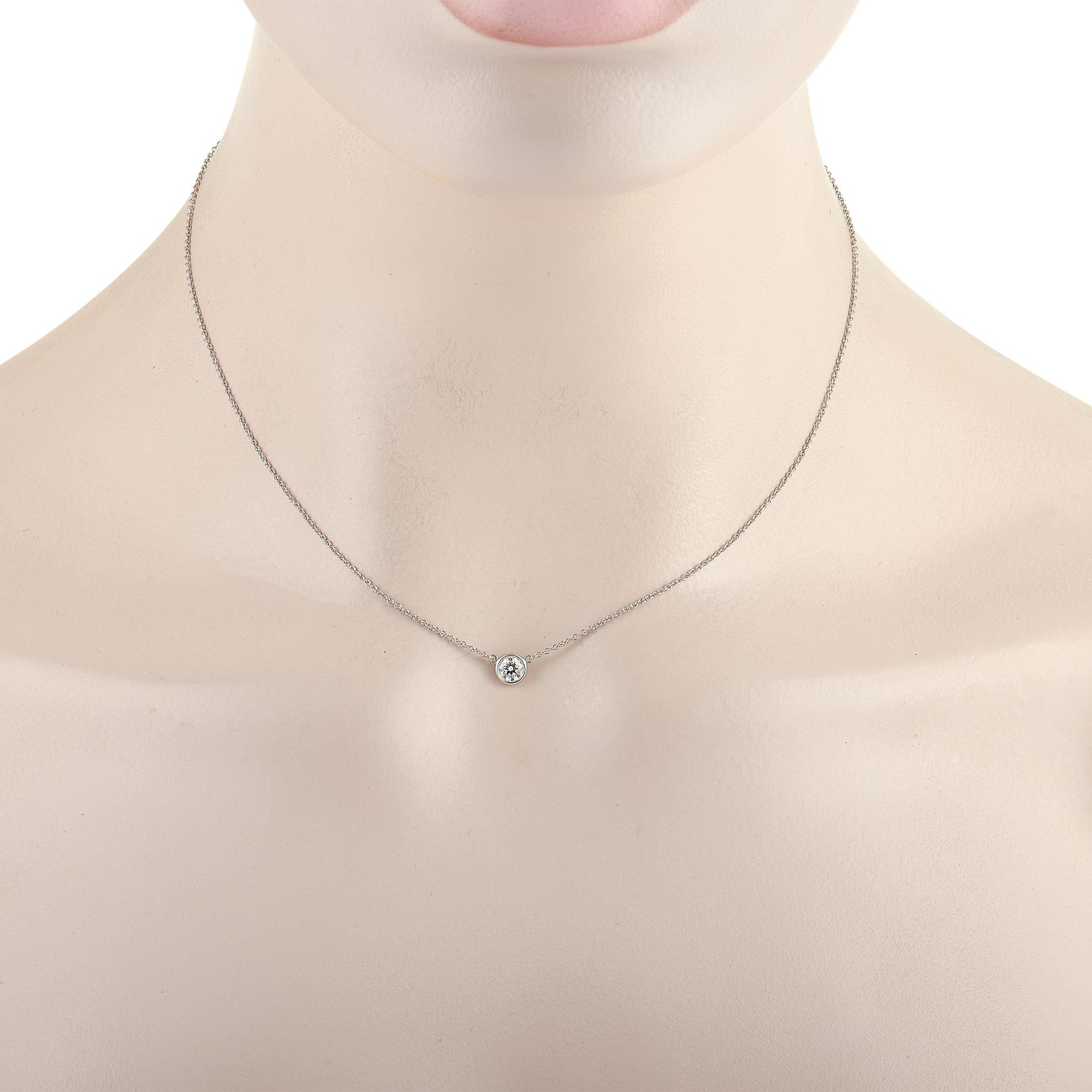 A simple style that is perfect for anyone with a minimalist aesthetic, this platinum necklace from the Elsa Peretti from Tiffany & Co. is truly timeless. At the center of a 16” chain, you’ll find a 0.33 carat diamond solitaire within a sleek bezel