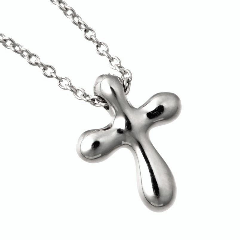 Round Cut TIFFANY & Co. Elsa Peretti Platinum .05ct Diamond Cross Pendant Necklace  For Sale