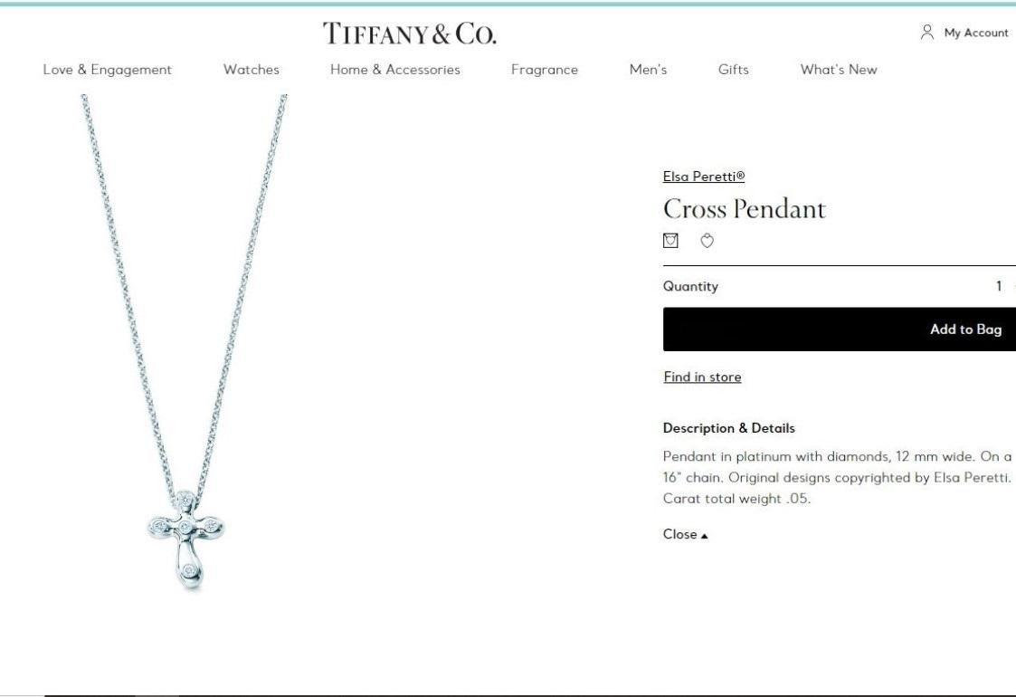 TIFFANY & Co. Elsa Peretti Platinum .05ct Diamond Cross Pendant Necklace  For Sale 2