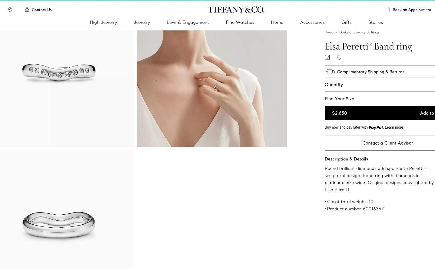 TIFFANY & Co. Elsa Peretti Platinum .10ct Diamond 3mm Curved Band Ring 5.5 For Sale 3