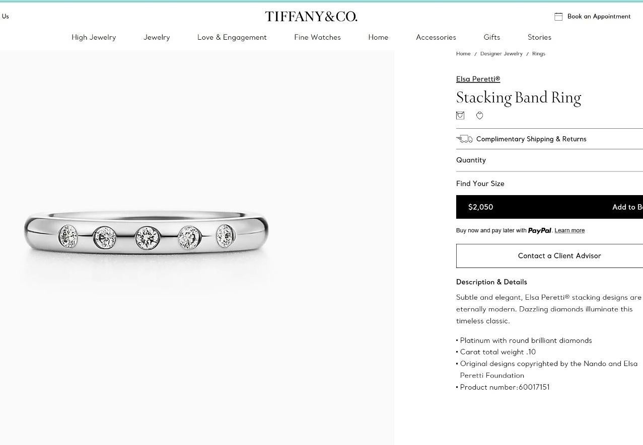 TIFFANY & Co. Elsa Peretti Platinum .10ct Diamond Stacking Band Ring 5 For Sale 1