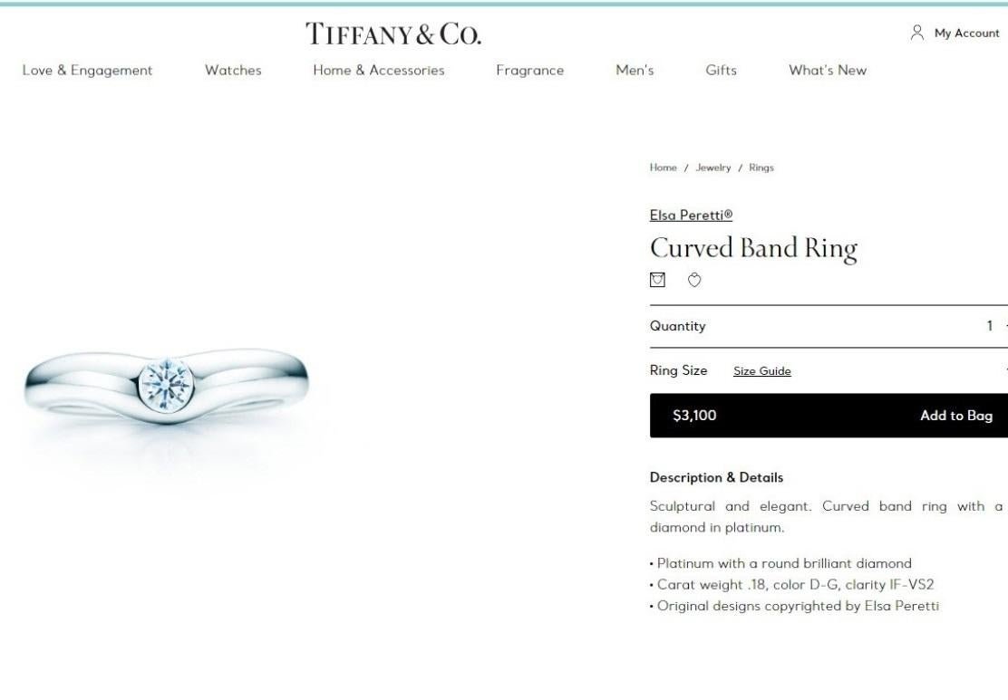 TIFFANY & Co. Elsa Peretti Platinum .18ct Diamond Curved Band Ring 6 For Sale 1