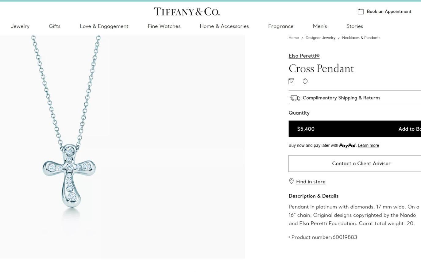 TIFFANY & Co. Elsa Peretti Platinum .20ct Diamond Cross Pendant Necklace  For Sale 3