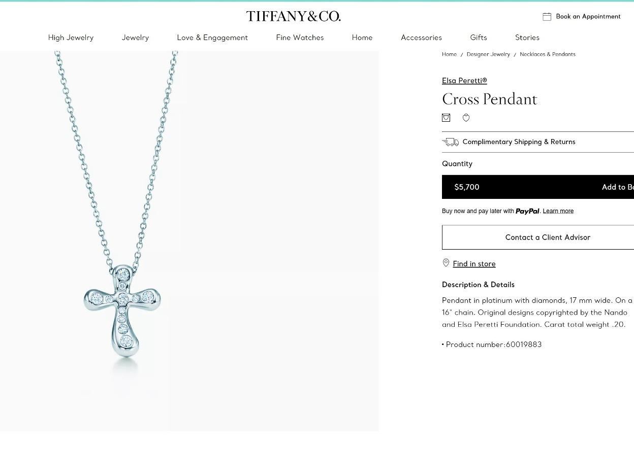 TIFFANY & Co. Elsa Peretti Platinum .20ct Diamond Cross Pendant Necklace For Sale 3