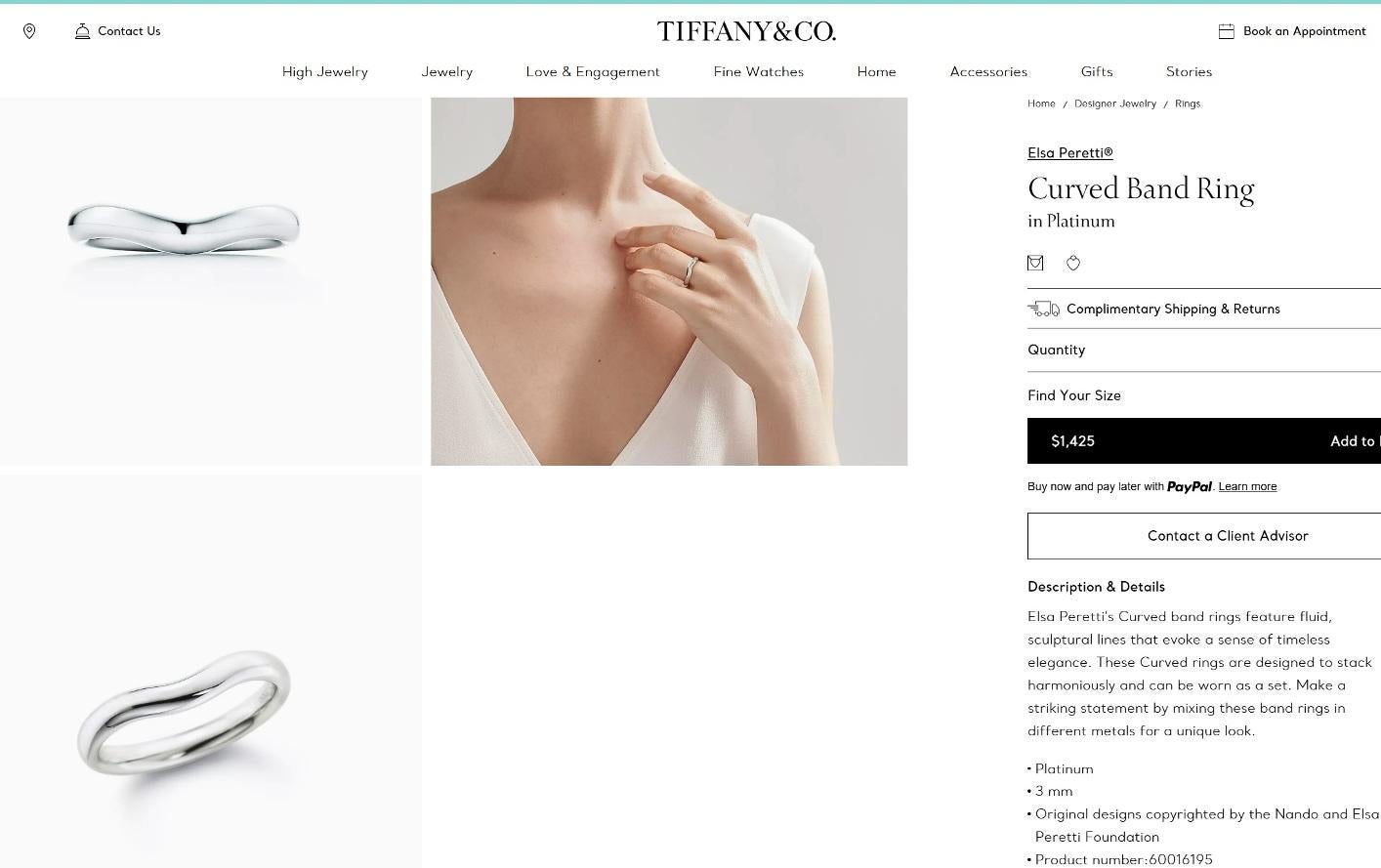 TIFFANY & Co. Elsa Peretti Alianza de Platino Curvada 3 mm 6,5 en venta 3