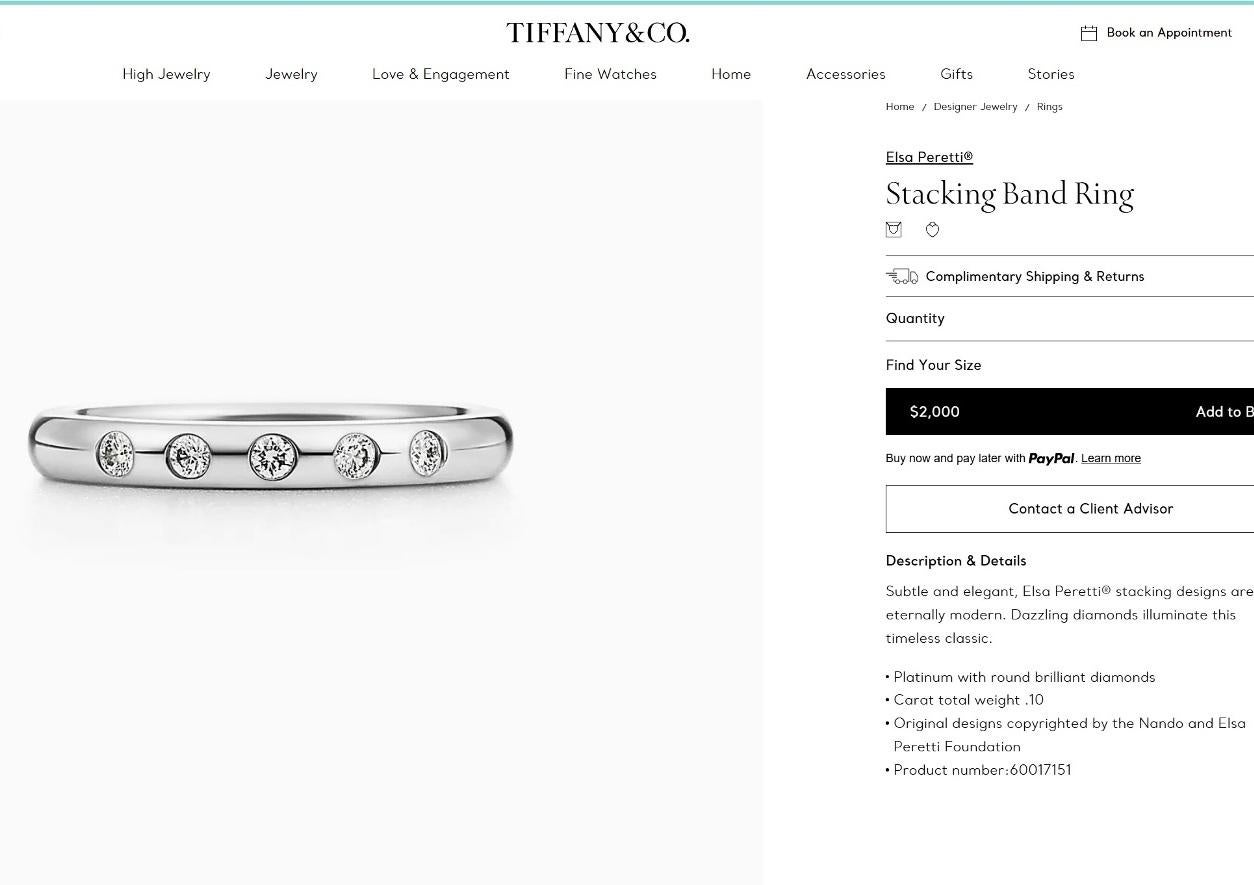 TIFFANY & Co. Elsa Peretti Platinum .10ct Diamond Stacking Band Ring 5 In Excellent Condition For Sale In Los Angeles, CA