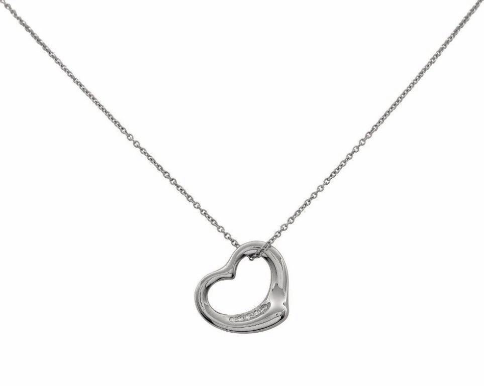 Round Cut TIFFANY & Co. Elsa Peretti Platinum Diamond 16mm Open Heart Pendant Necklace For Sale