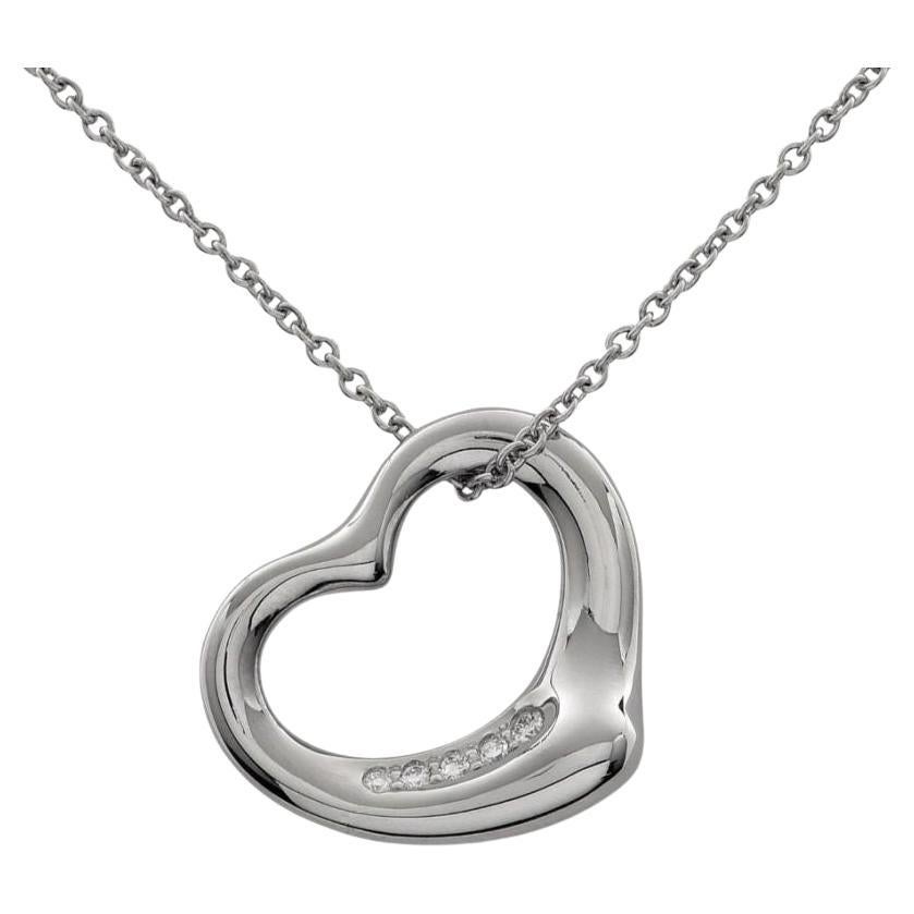 TIFFANY & Co. Elsa Peretti Platinum Diamond 16mm Open Heart Pendant Necklace