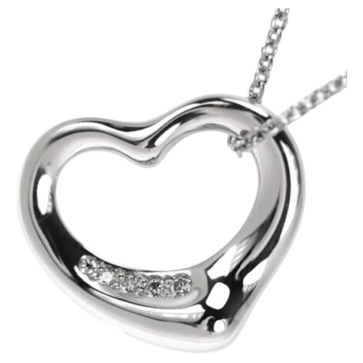 TIFFANY & Co. Elsa Peretti Platinum Diamond 16mm Open Heart Pendant Necklace For Sale