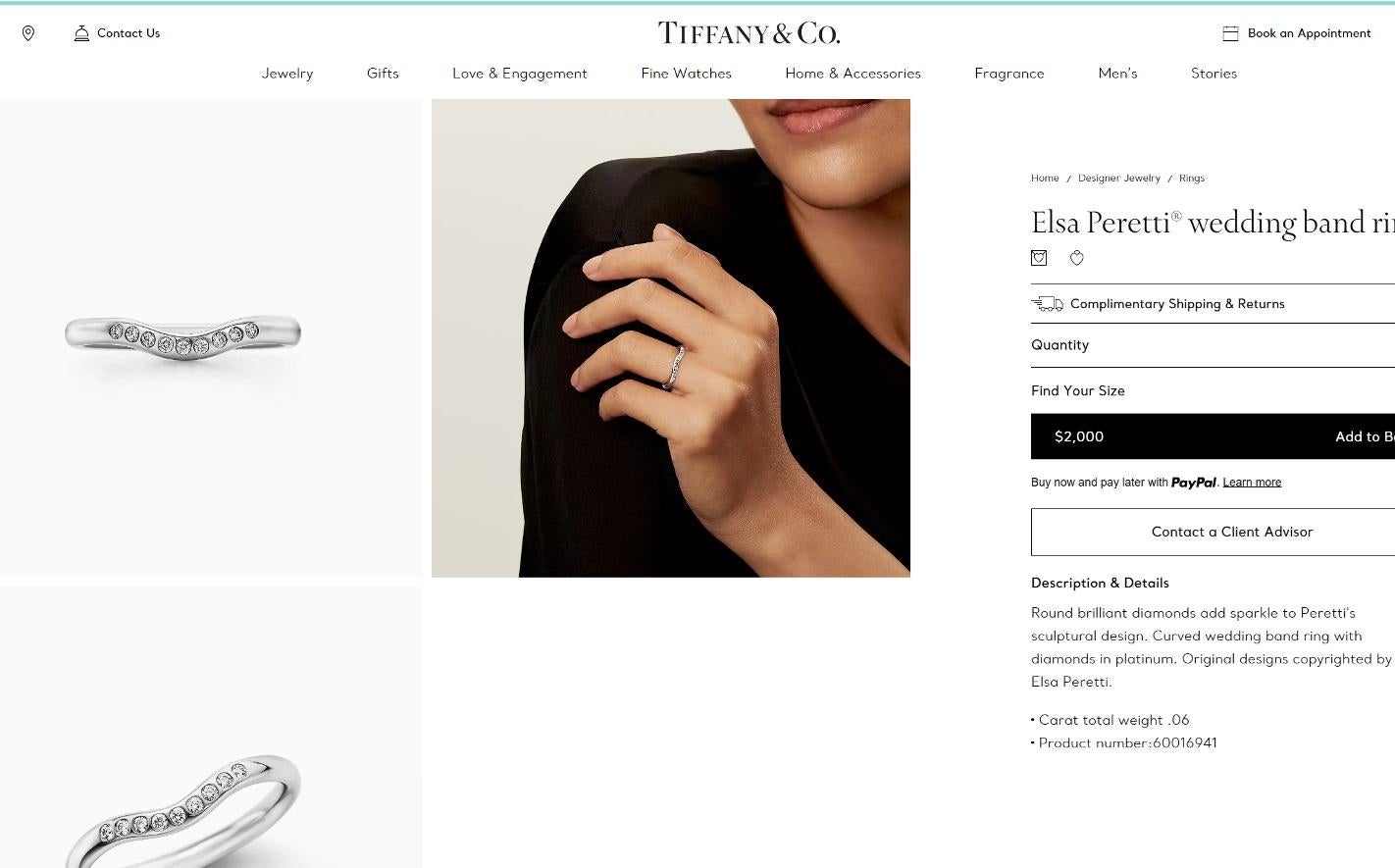TIFFANY & Co. Elsa Peretti Platinum Diamond 2mm Curved Wedding Band Ring 4 For Sale 2
