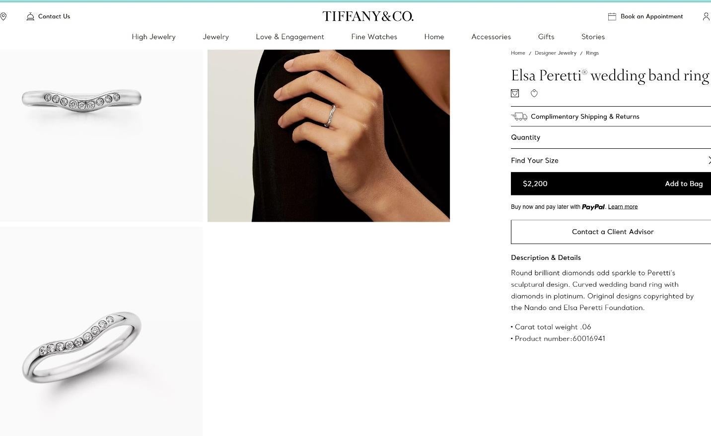 TIFFANY & Co. Elsa Peretti Anello di Platino con Diamante 2mm Curvo 5 &New in vendita 2