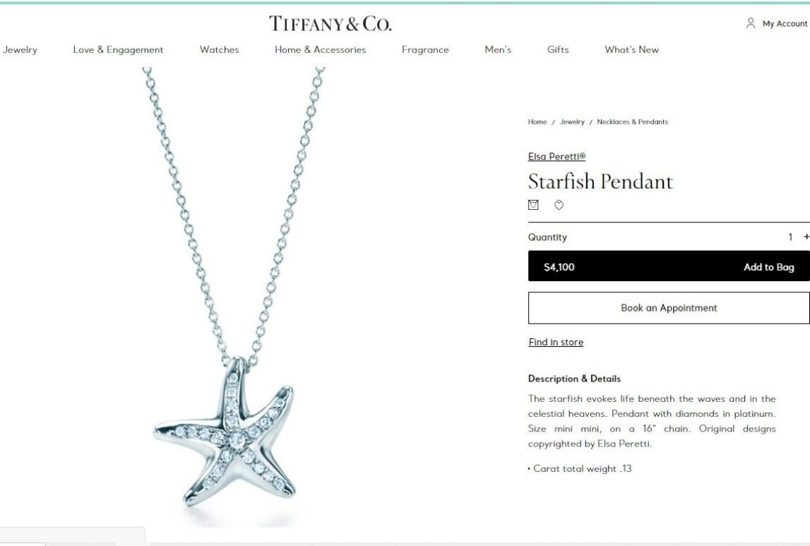TIFFANY & Co. Elsa Peretti Platinum Diamond Starfish Pendant Necklace For Sale 1