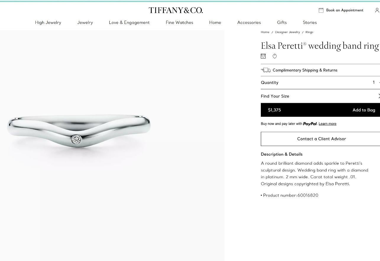 TIFFANY & Co. Elsa Peretti Platinum One Diamond Curved Wedding Band Ring 5.5 Pour femmes en vente