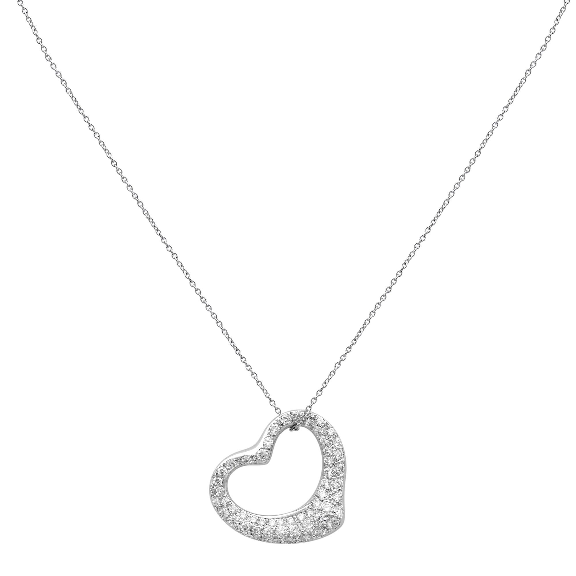 Modern Tiffany & Co. Elsa Peretti Platinum Pave Diamonds 0.95 Carat Open Heart Pendant For Sale