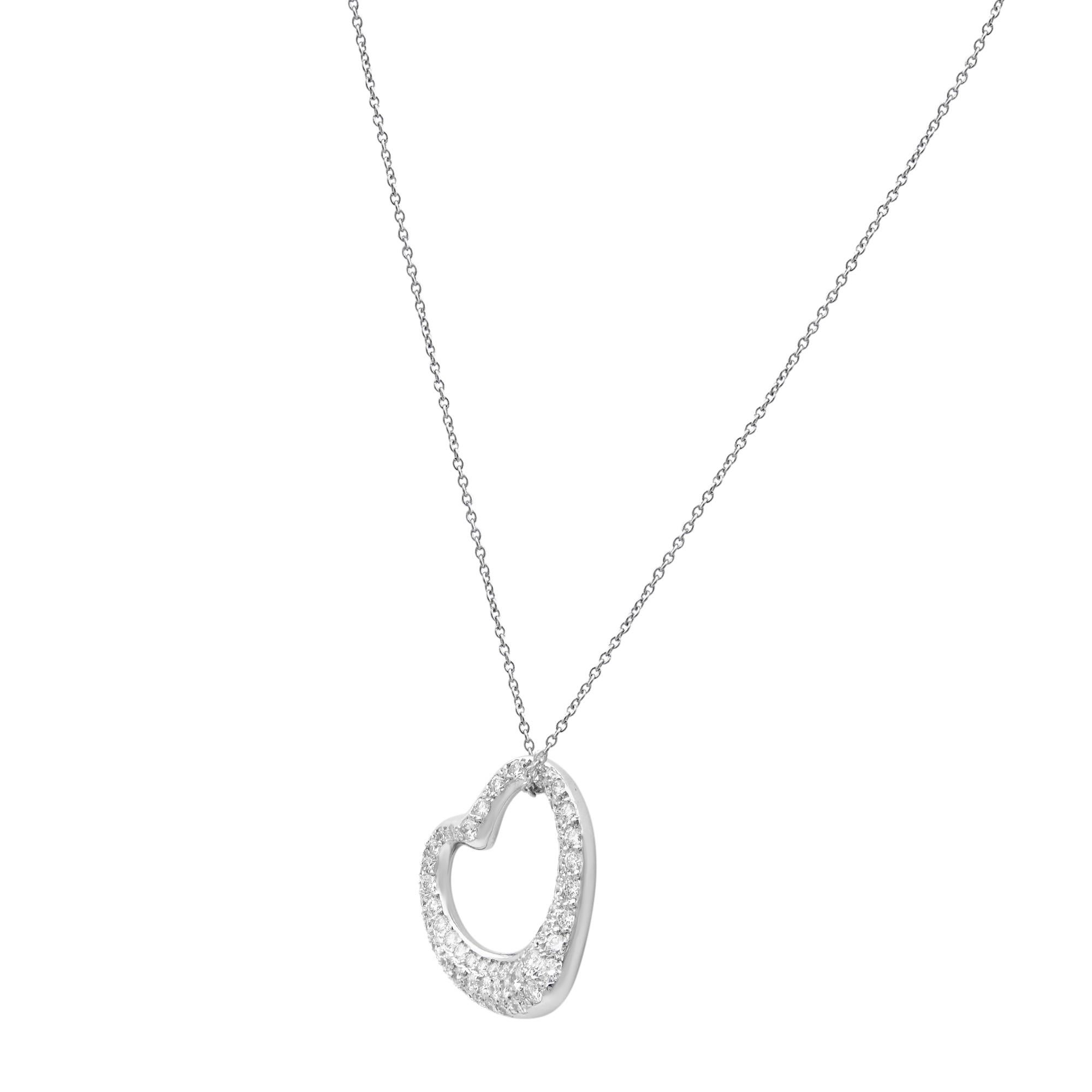 Round Cut Tiffany & Co. Elsa Peretti Platinum Pave Diamonds 0.95 Carat Open Heart Pendant For Sale