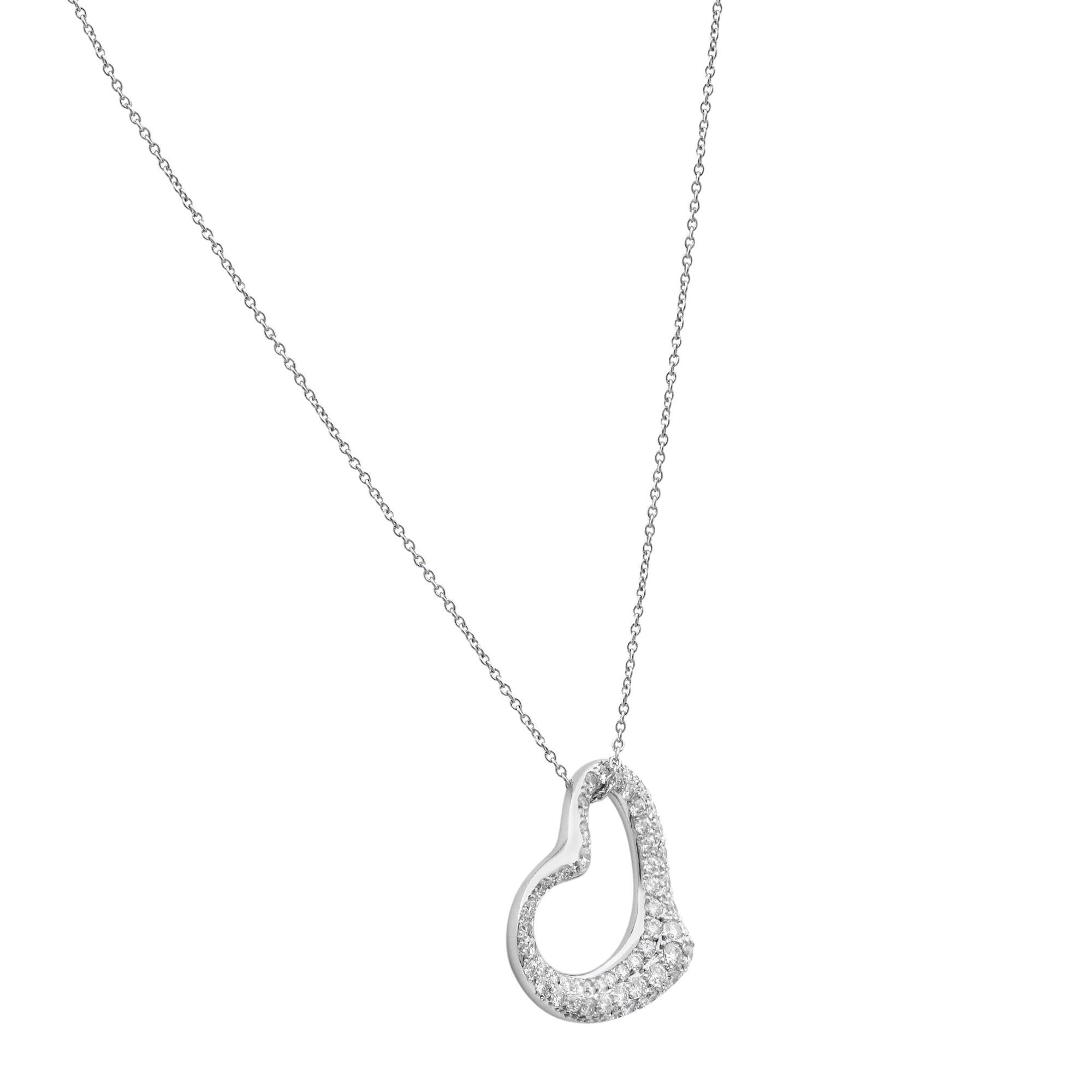 Tiffany & Co. Elsa Peretti Platinum Pave Diamonds 0.95 Carat Open Heart Pendant In Excellent Condition For Sale In New York, NY