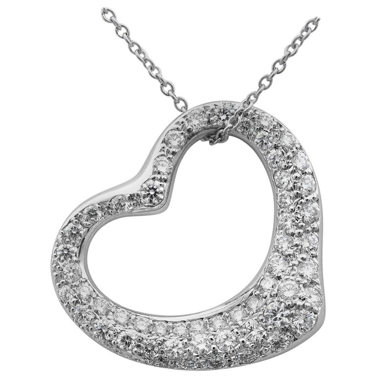 Tiffany And Co Elsa Peretti Platinum Pave Diamonds 0 95 Carat Open Heart Pendant For Sale At 1stdibs