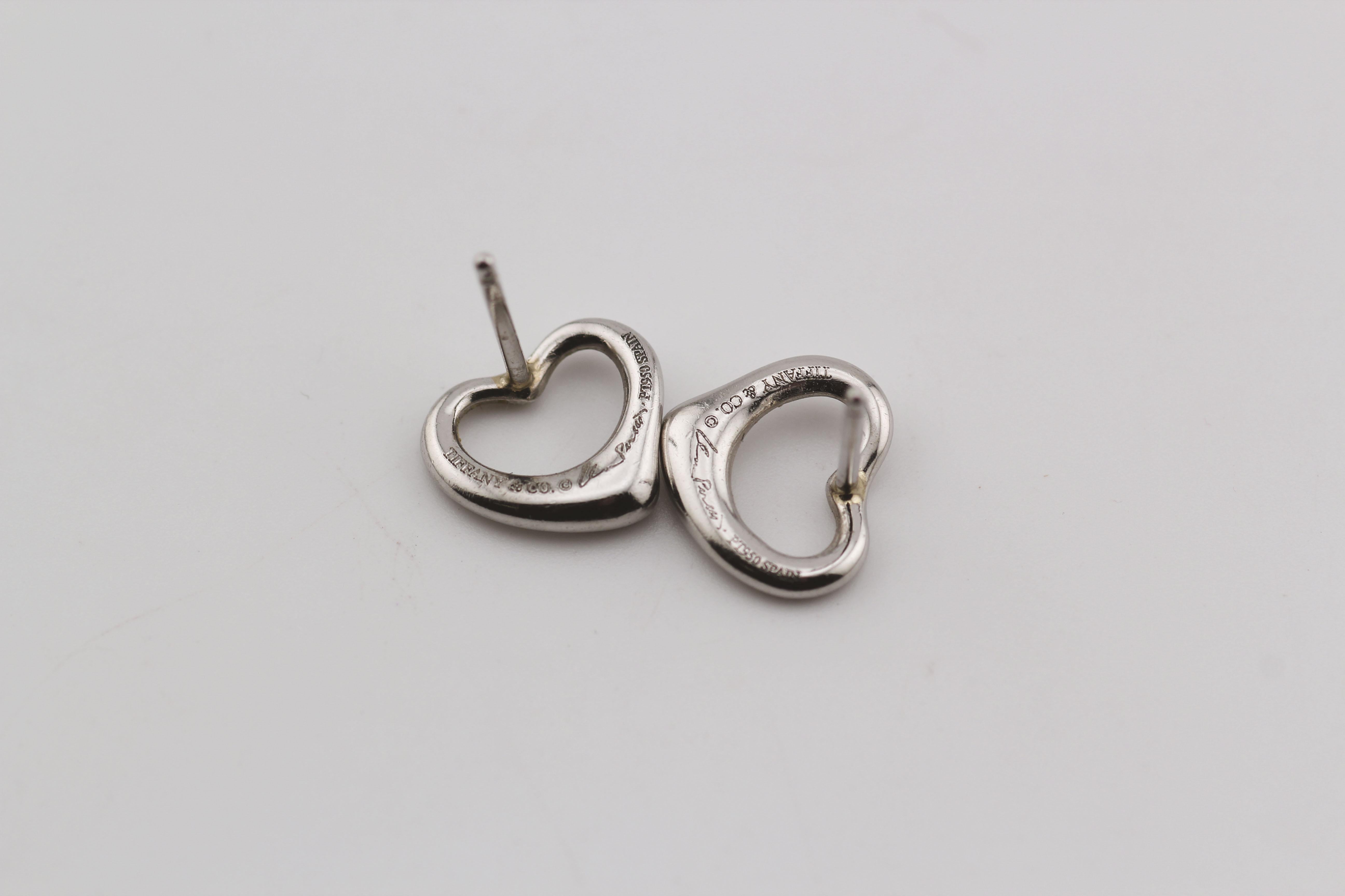 Tiffany & Co. Elsa Peretti  Platinum PT950  Open Heart Stud Earrings In Good Condition In Simpsonville, SC