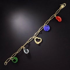 TIFFANY &CO Elsa Peretti Red Jasper Lapis Crystal Jade Heart Gold Charm Bracelet