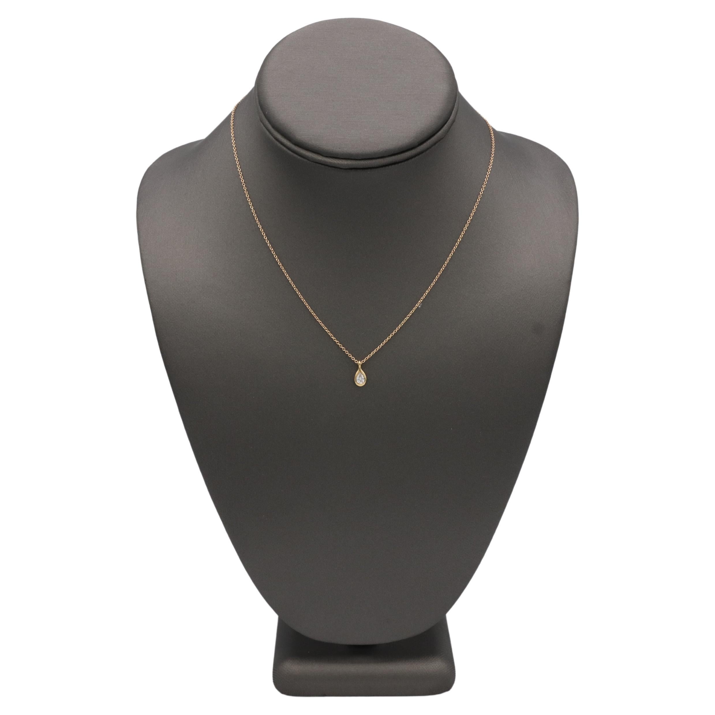 Tiffany & Co. Elsa Peretti 18 Karat Rose Gold Pear Shape Natural Diamond Drop Necklace 
Metal: 18k rose gold
Weight: 2.17 grams
Diamond: 0.17 carat pear shape F VS natural diamond
Chain: 16 inches
Drop: 10mm
Retail: $2,300 USD

