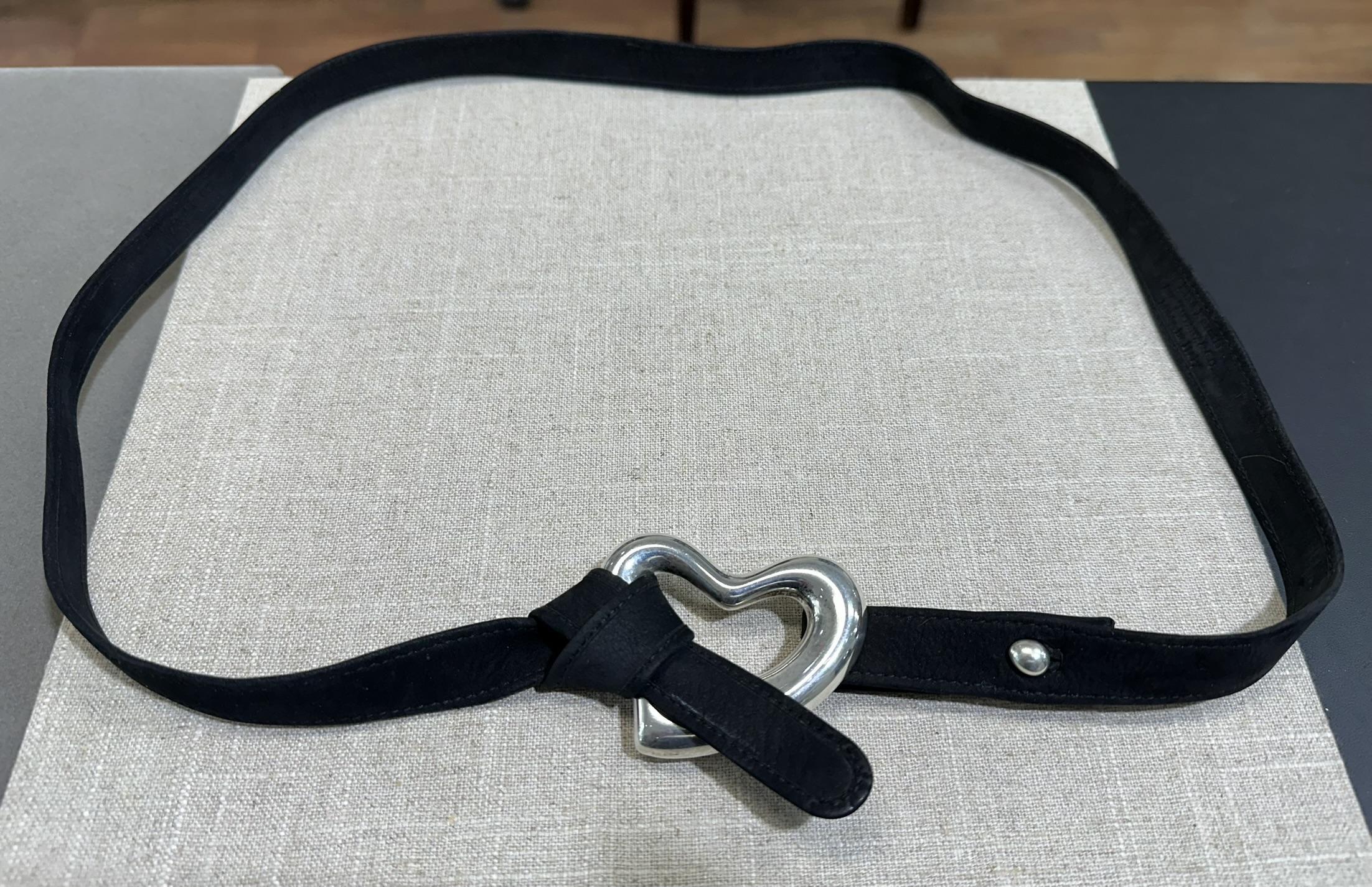 Tiffany & Co. Elsa Peretti Silver Open Heart Buckle w/ 3 Leather and Suede Belts In Good Condition For Sale In Montclair, NJ