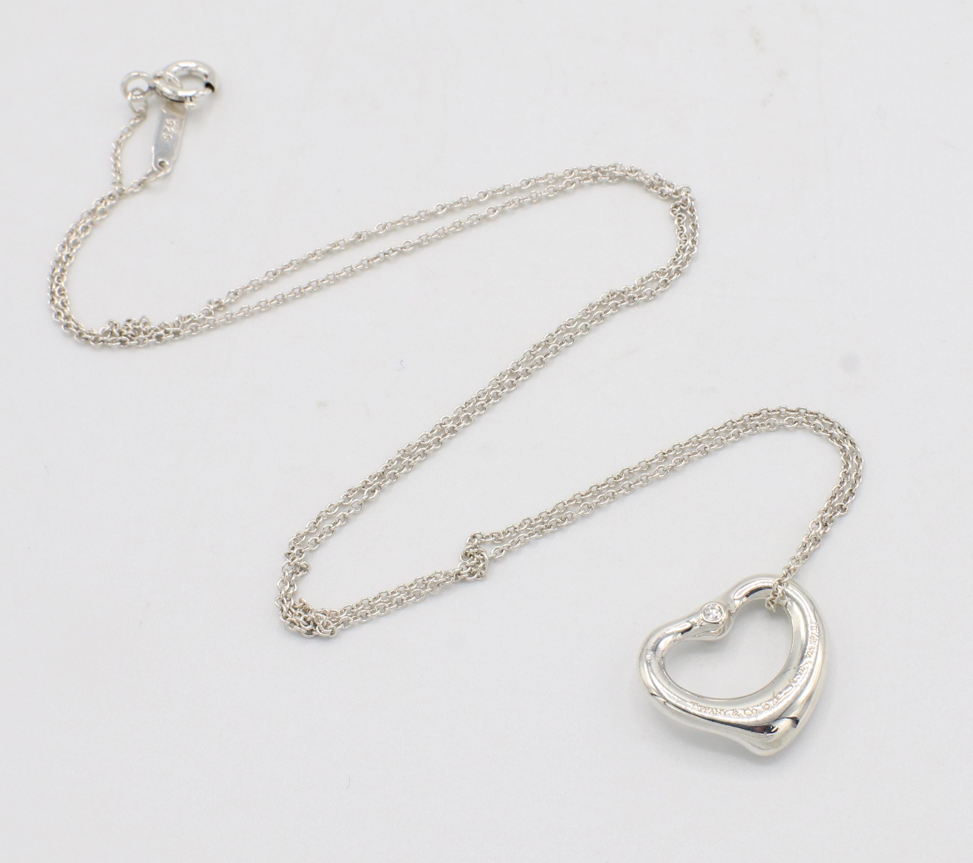 Modern Tiffany & Co. Elsa Peretti Sterling Silver Diamond Open Heart Pendant Necklace