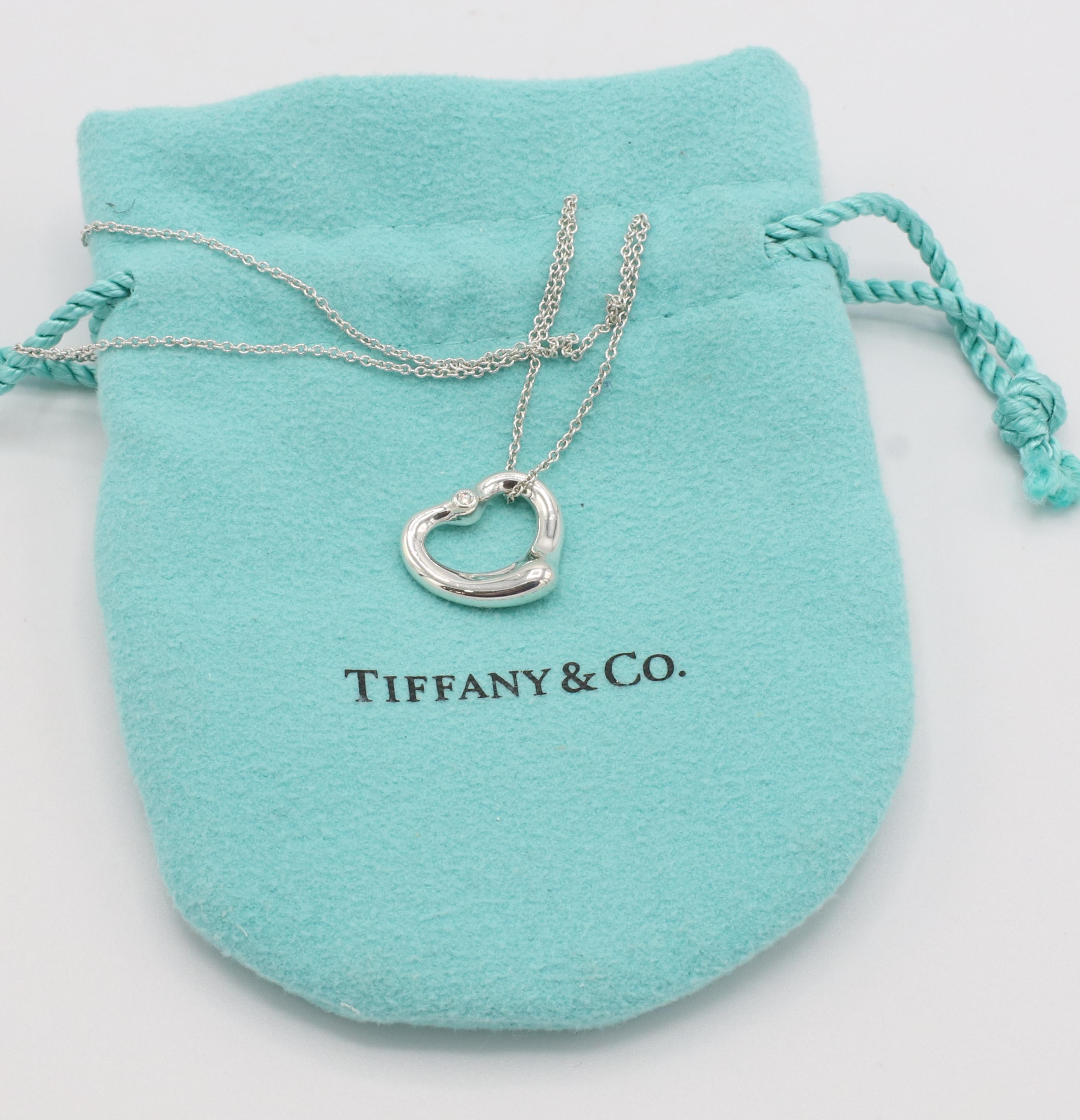 Tiffany & Co. Elsa Peretti Sterling Silver Diamond Open Heart Pendant Necklace In Excellent Condition In  Baltimore, MD