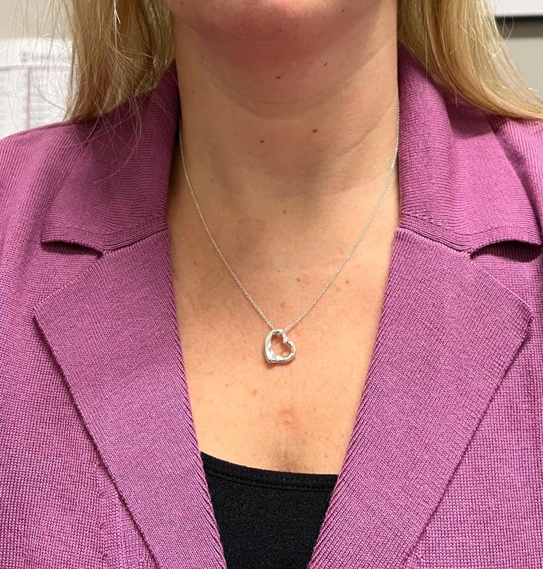 Women's or Men's Tiffany & Co. Elsa Peretti Sterling Silver Diamond Open Heart Pendant Necklace