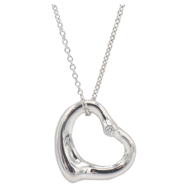 Tiffany & Co. Elsa Peretti Sterling Silver Diamond Open Heart Pendant Necklace
