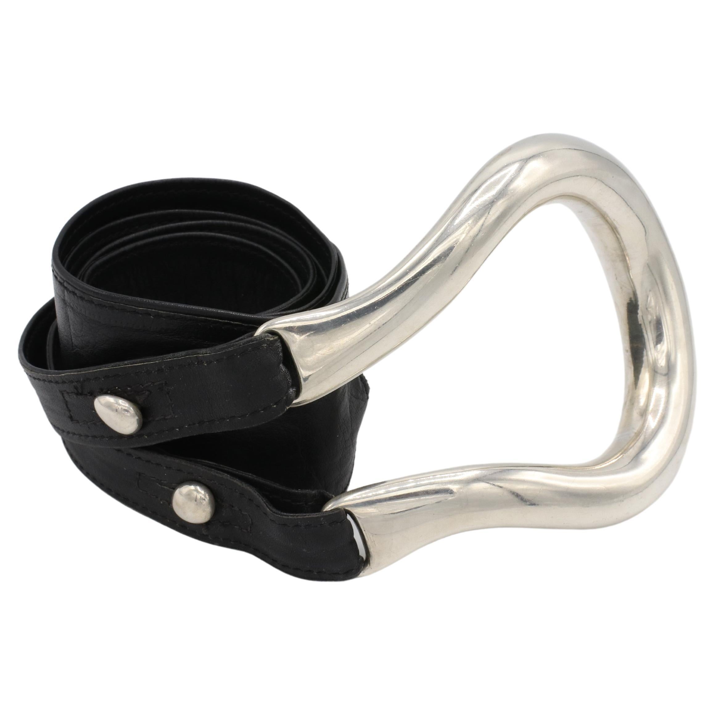 Vintage Tiffany & Co. Elsa Peretti Sterling Silver & Leather Equestrian Belt Buckle 
Metal: Sterling silver, black leather
Length: 41 inches
Buckle: 3.75 x 4.5 inches
Width: 2 inches
