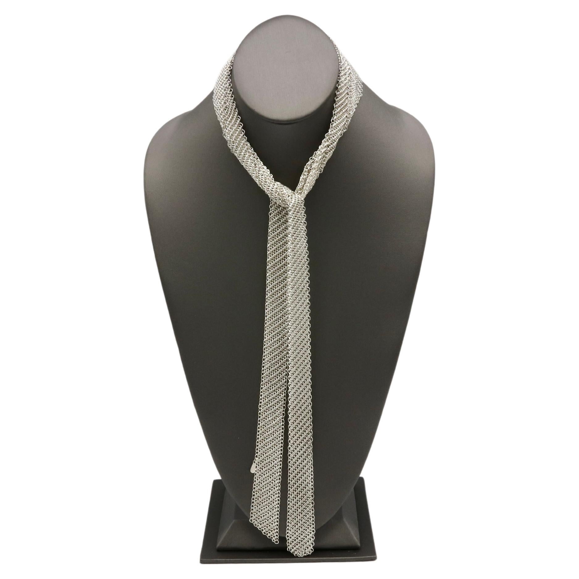Modern Tiffany & Co. Elsa Peretti Sterling Silver Mesh Lariat Long Tie Necklace 52 Inch