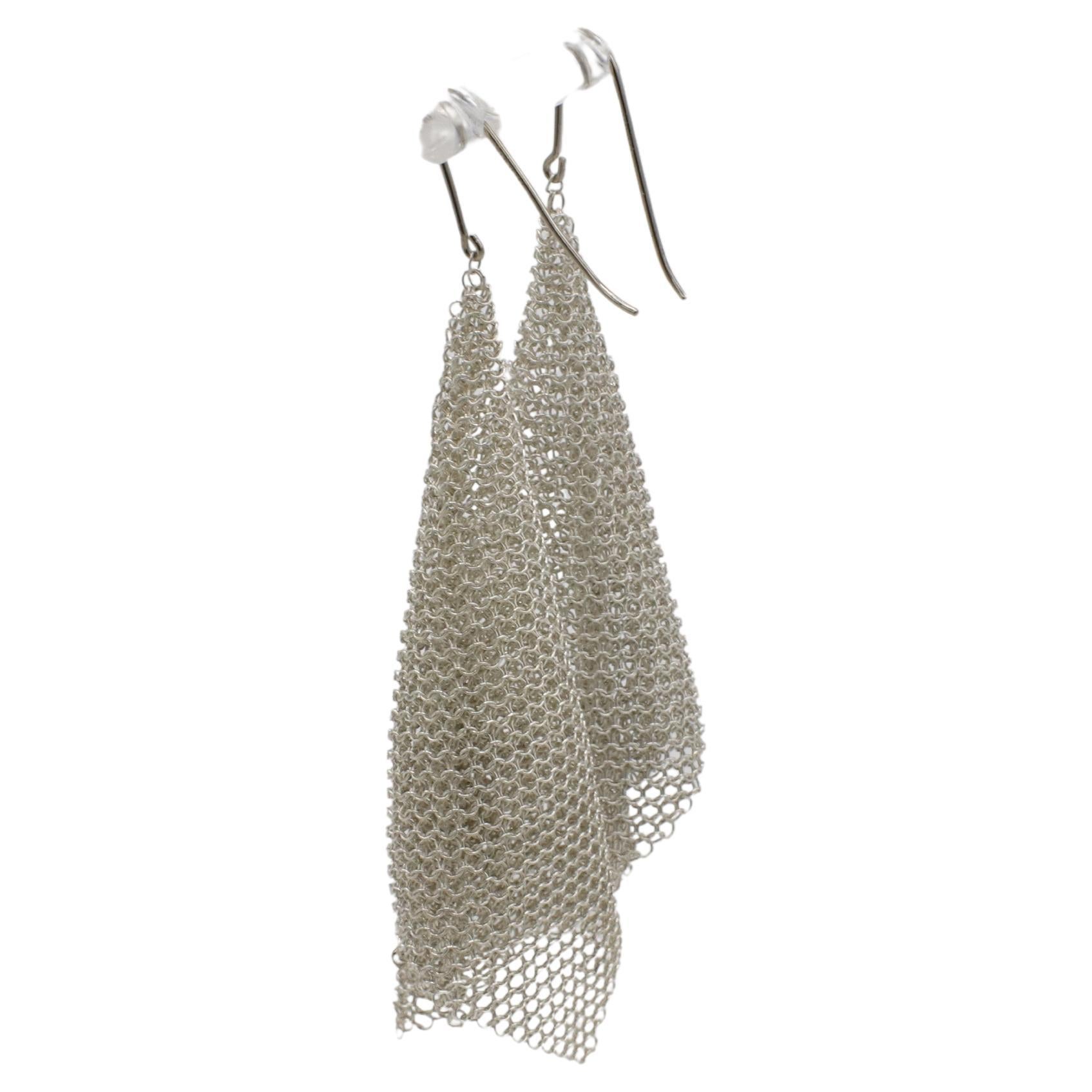 Tiffany & Co. Elsa Peretti Sterling Silver Mesh Scarf Dangle Drop Earrings
Metal: Sterling silver 925
Weight:  9.53 grams
Length: 3 inches
Signed: T&Co. 925
ST I-15600