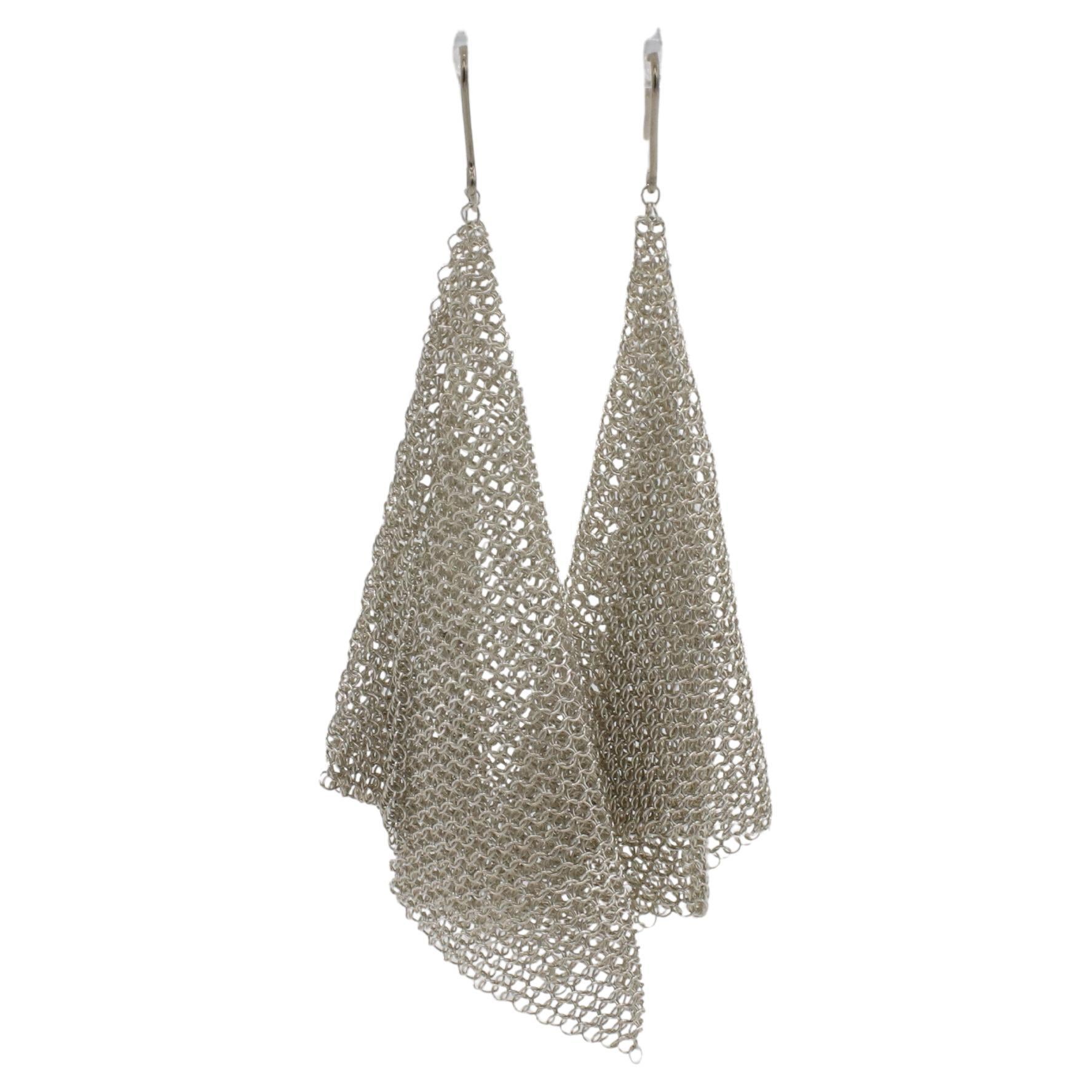 Modern Tiffany & Co. Elsa Peretti Sterling Silver Mesh Scarf Dangle Drop Earrings